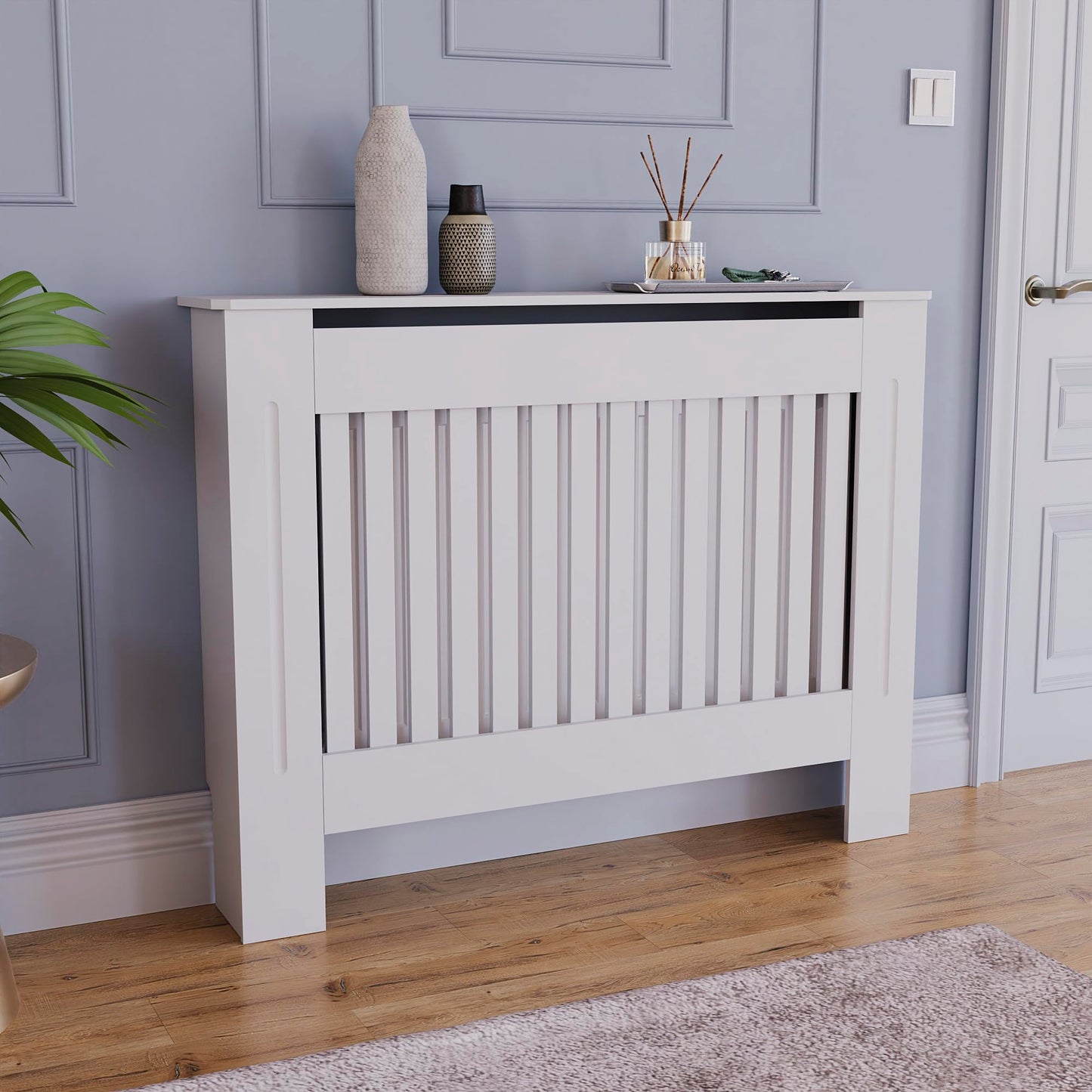 Vida Designs Chelsea Radiator Cover With Modern Slats White Decorative Heater Cover with Shelf, Medium, (H: 82 / W: 112 / D: 19 cm)