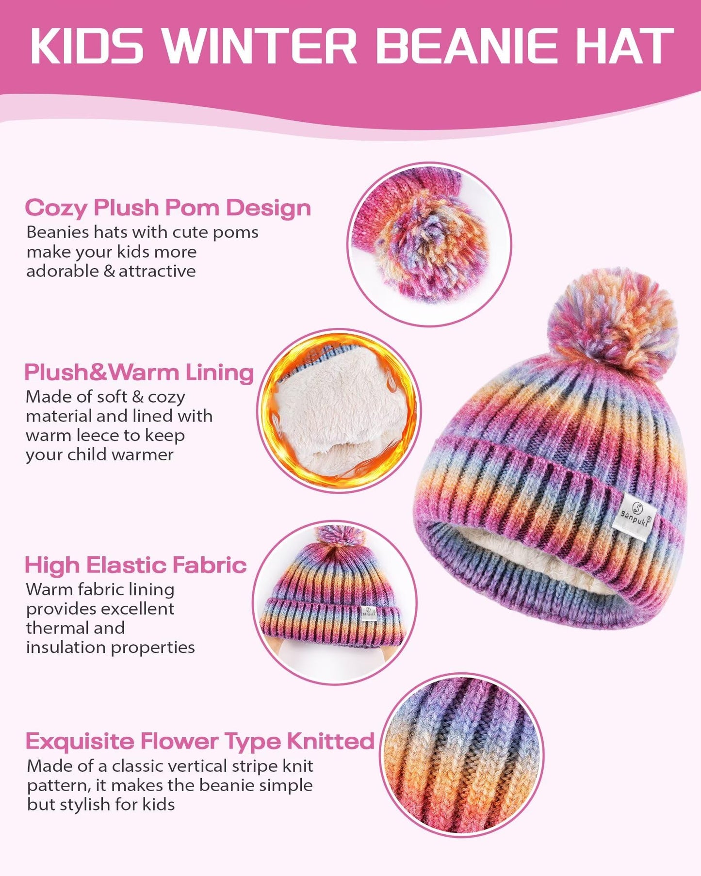 Kids Winter Beanie Gloves Scarf Set,Girls Toddler Winter Hat With Pom Neck Warmer Gaiter Mittens Fleece Lined Set Christmas Gift for Kids