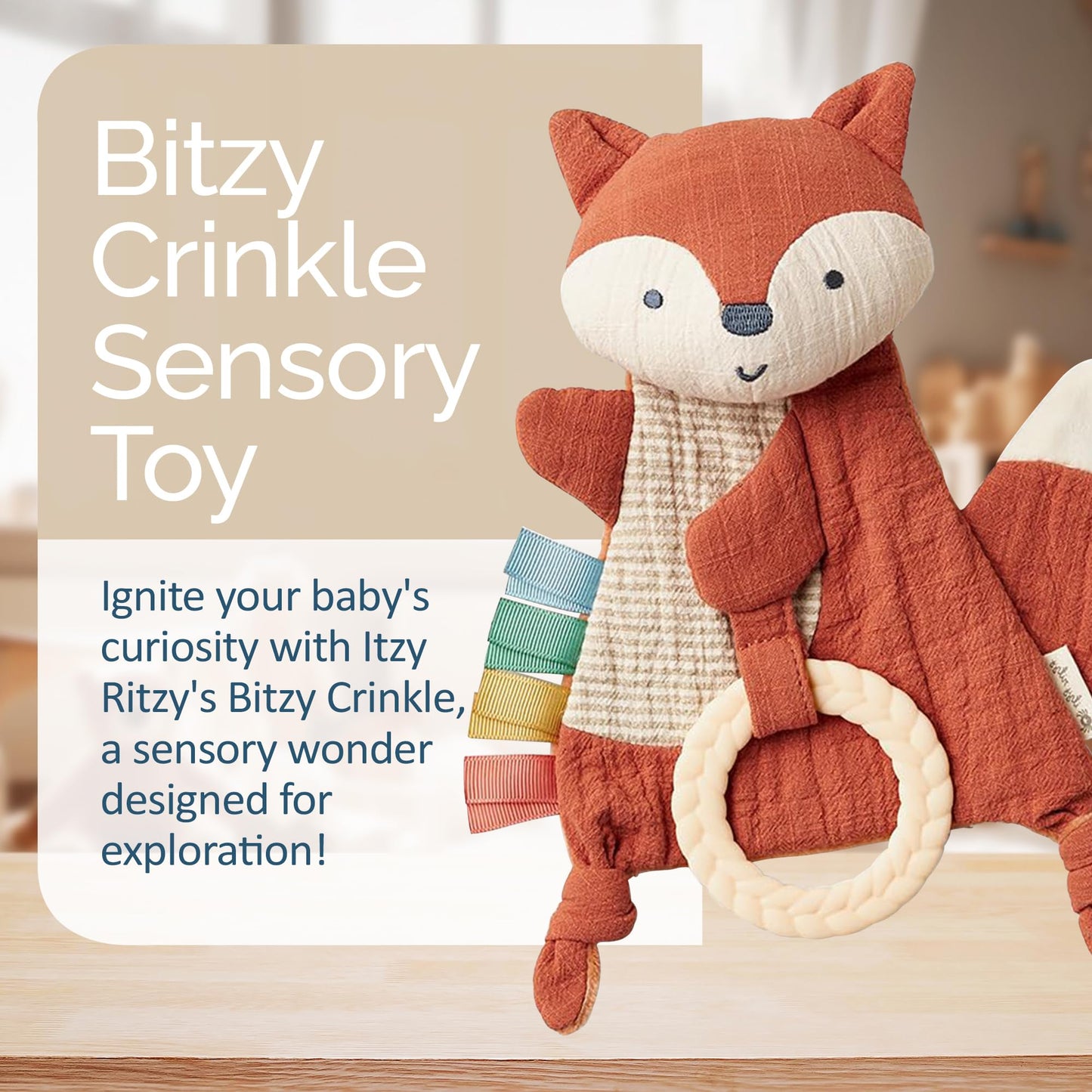 Itzy Ritzy - Bitzy Crinkle Sensory Toy Fox with Crinkle Sound for Babies & Toddlers - Features Soft Braided Teething Ring & Textured Ribbons, Designed for Ages 0 Months and Up, Fox
