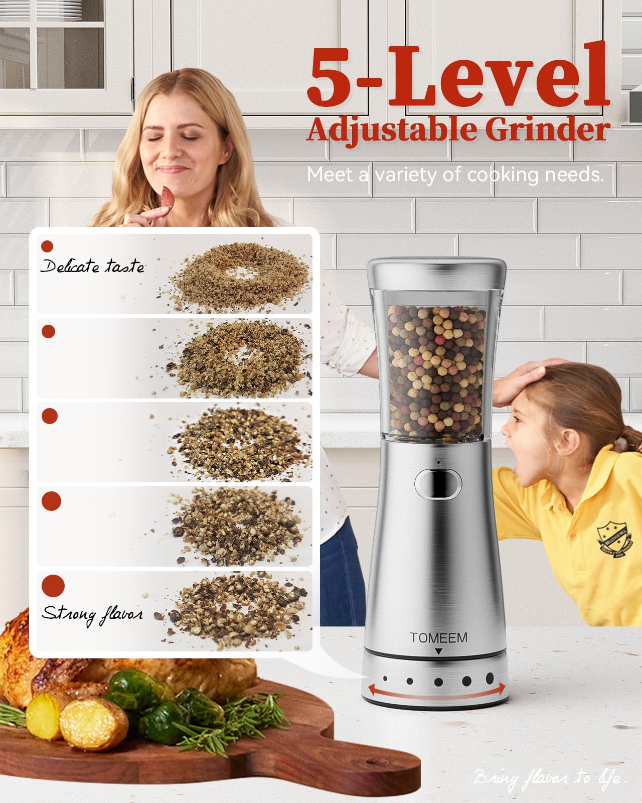 TOMEEM Electric Salt and Pepper Grinder Set with Storage Base, Stainless Steel Rechargeable Salt and Pepper Grinder Set, 4.5oz Large Capacity, 1.8" Wide Mouth, Adjustable Coarseness, Ideal for Kitchen