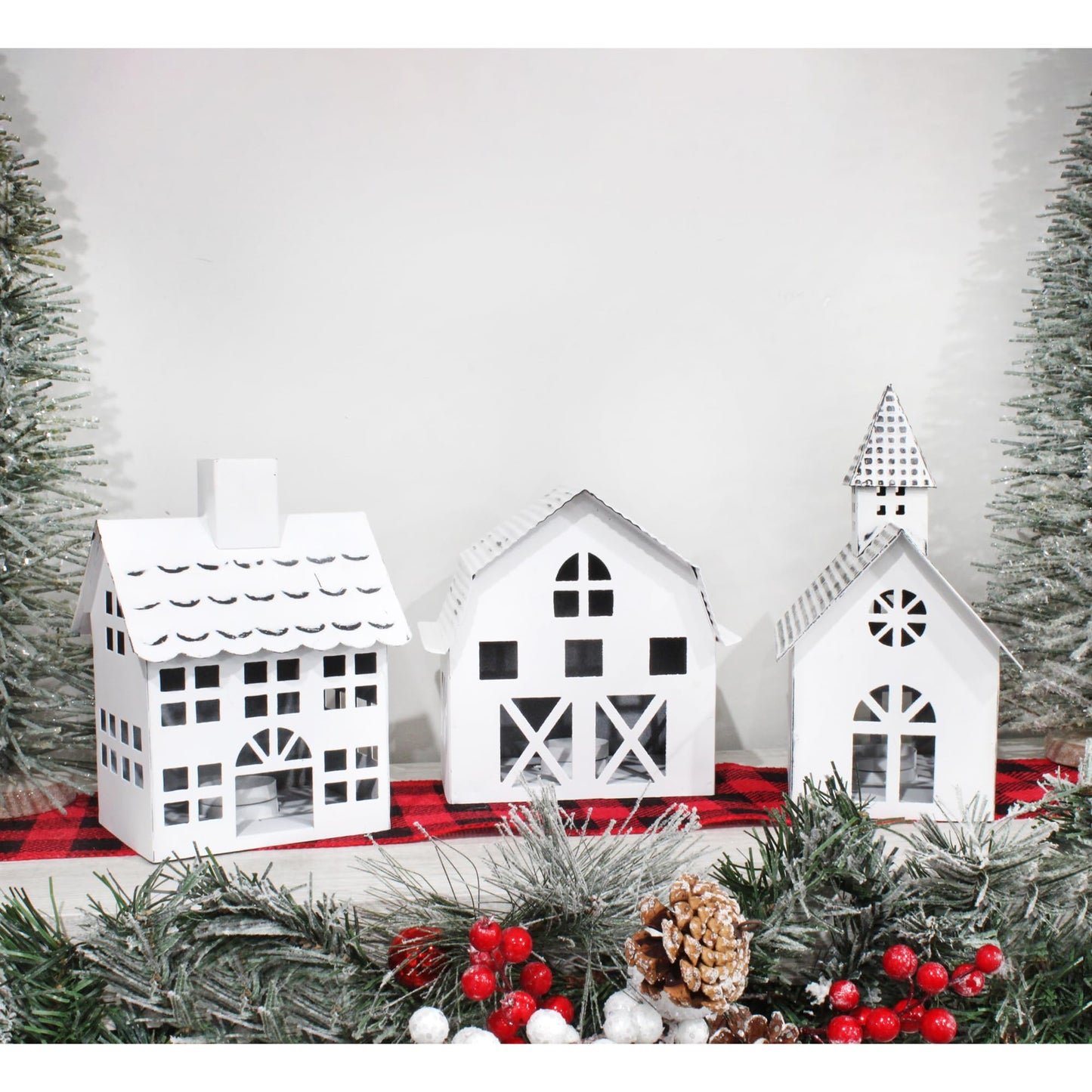 AuldHome Design Farmhouse Christmas Village Collection #2 w/Church, Barn and School (Set of 3, White); Candle Lantern Decorative Christmas Town Display