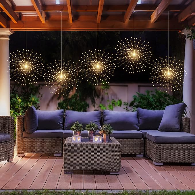 5 Pack Solar Starburst Sphere Lights, 200 LED Firework Light, 8 Modes Dimmable Waterproof Hanging Copper Wire Fairy Light for Patio Parties Halloween Christmas Decor (Warm White)