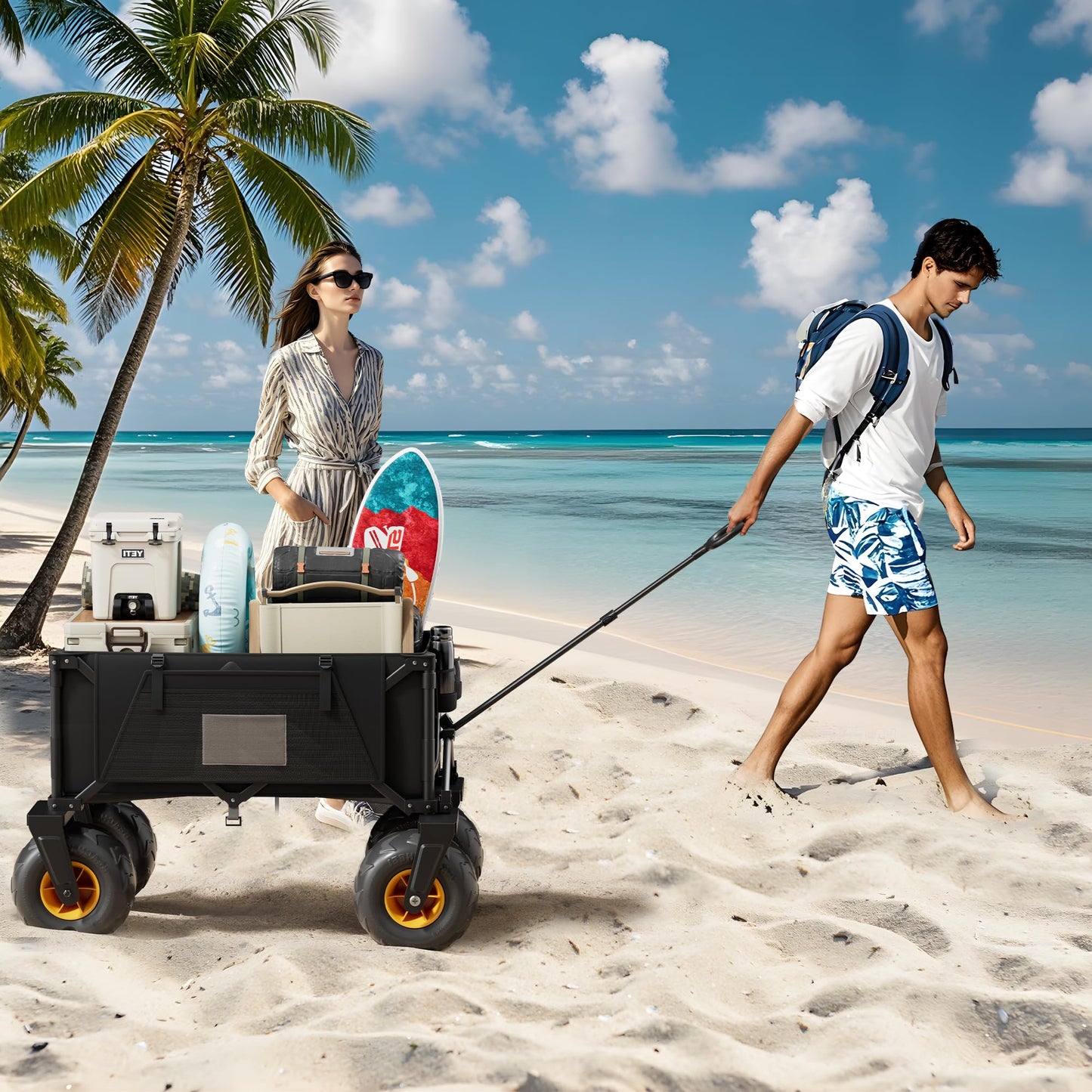 DXZ Beach Wagon Cart with Big Wheels for Sand – Folding Collapsible Wagon, Heavy Duty Wagons Carts Foldable for Beach, Camping, Outdoor Gear, Easy Setup Black Yellow