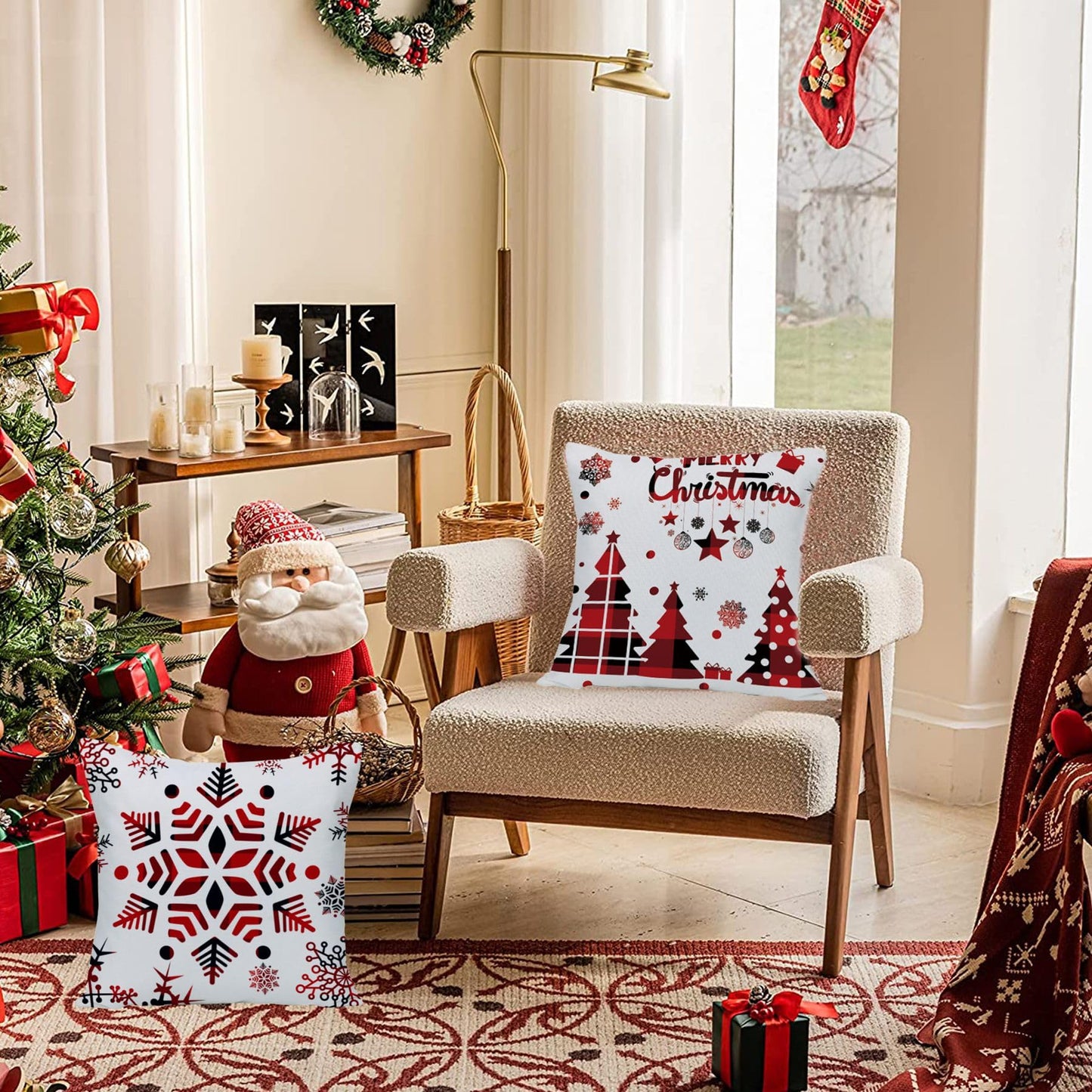 Wilproo Set of 4 Happy Winter Snowflake Merry Christmas Tree Red Castle Deer with Snowman Velvet Throw Pillow Case Cushion Cover Decorative for Sofa Living Room Square 22X22 Inches