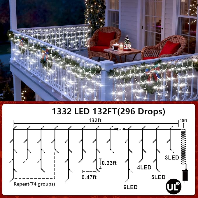 1332 LED 132ft Christmas String Lights Outdoor, 12 Modes Dimmable Curtain Lights with 296 Drops, Waterproof Fairy Lights with Timer for Bedroom Window Holiday Wedding Home Xmas Decor, Cool White