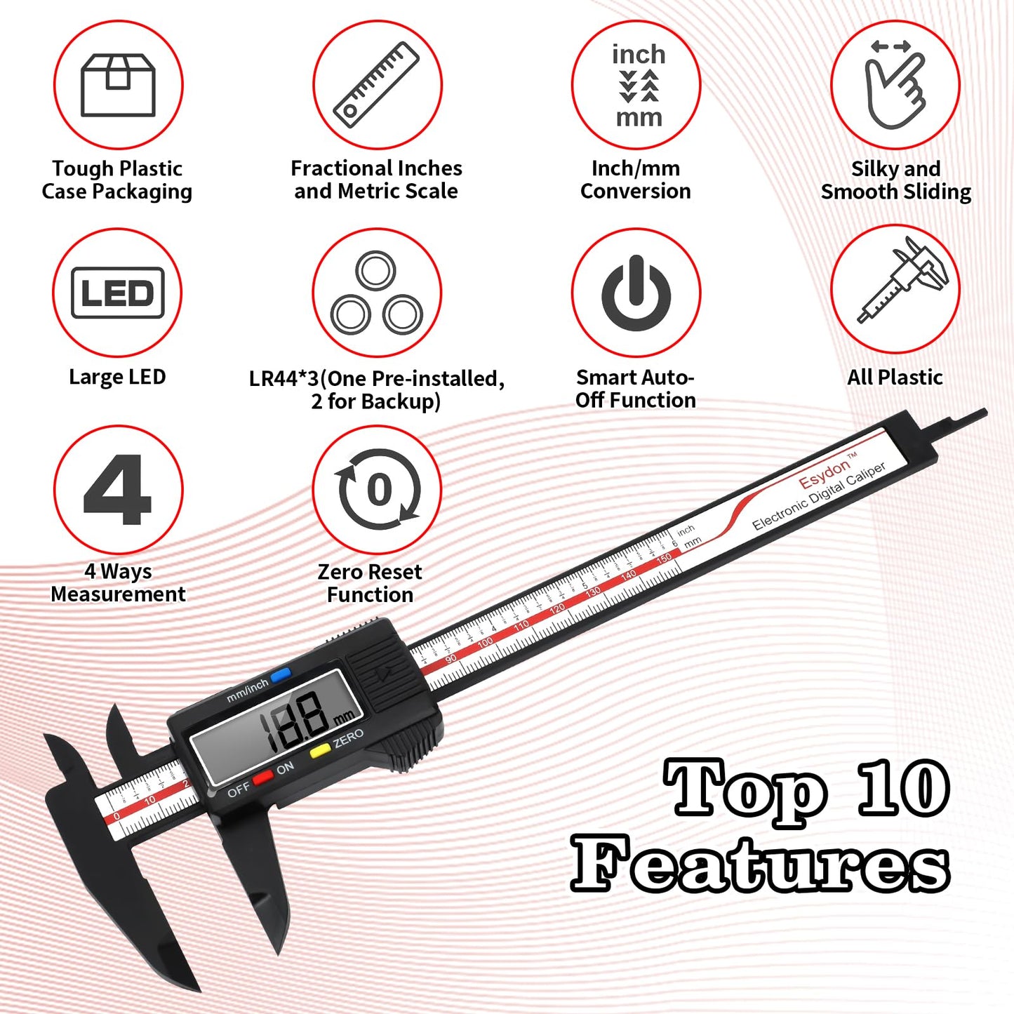 Digital Caliper, Esydon Upgraded Calipers 6 inch, Measuring Tool, Electronic Ruler, with Large LCD Screen, Auto-Off Feature, Inch and Millimeter Conversion, Plastic Case, Perfect for Household, DIY