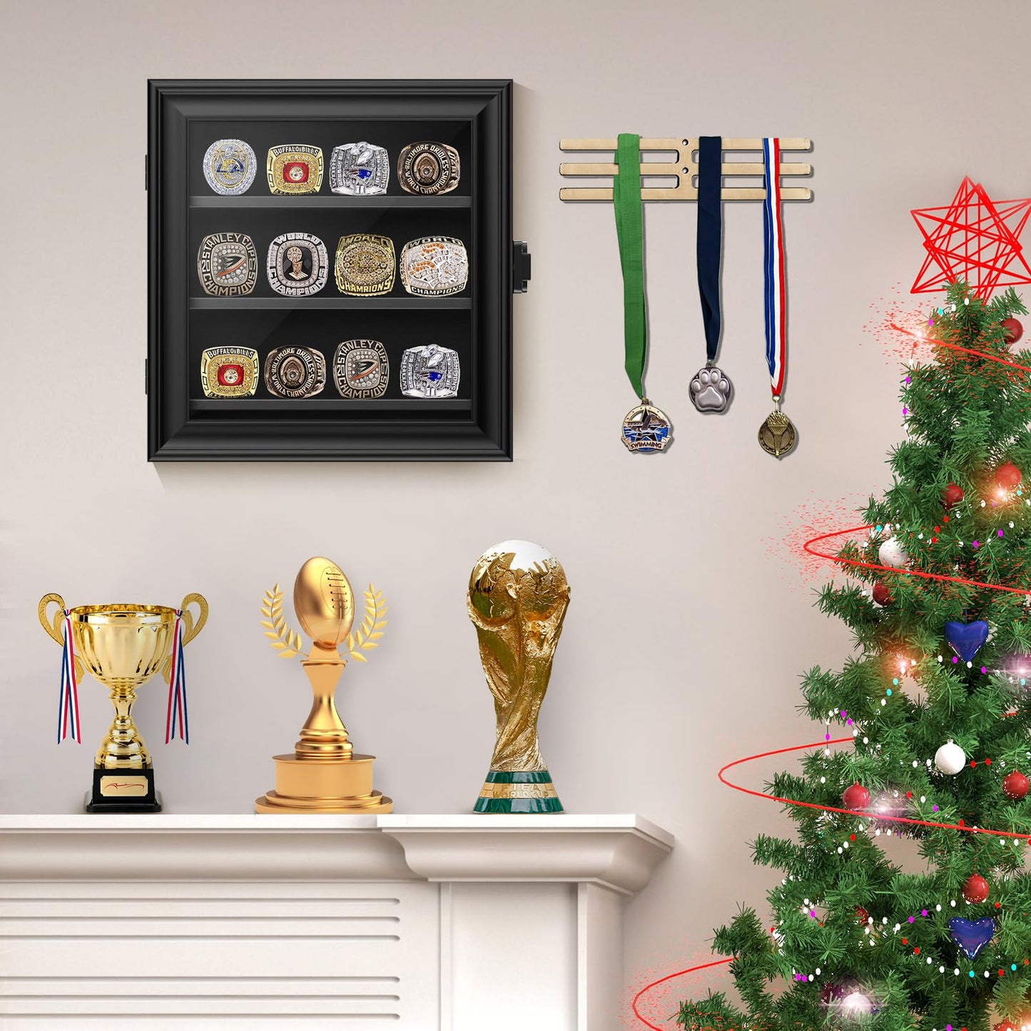 Championship Ring Display Case, 12 Ring Posts Baseball Ring Holder, Wall Mount Wooden Shadow Box for Multiple Championship Rings