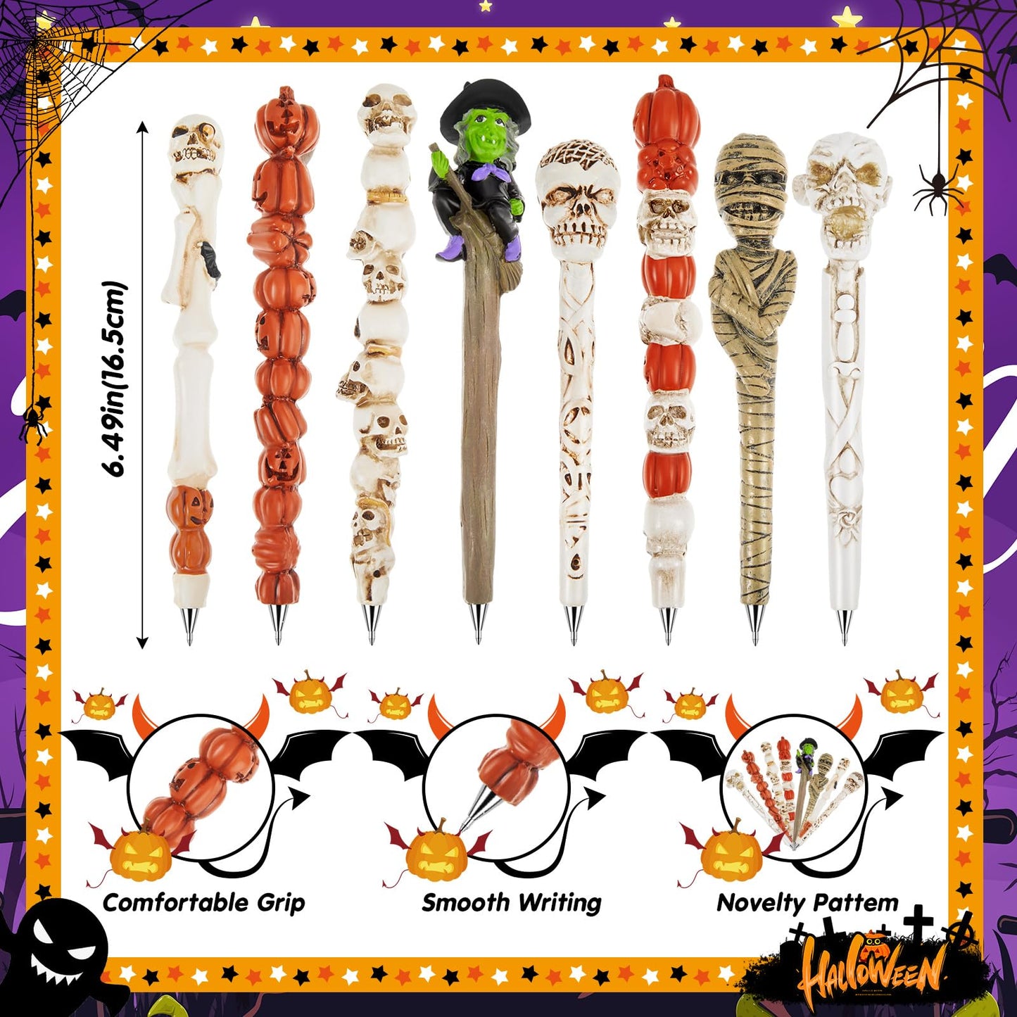 Lincia Halloween Skull Monster Novelty Pen 1.0 mm Halloween Pens Pumpkin Witch Mummy Skull Pen Writing Black Gel Ink Pens for Kids Adults Party Supplies Office School Desk Decors, 8 Styles (8 Pcs)