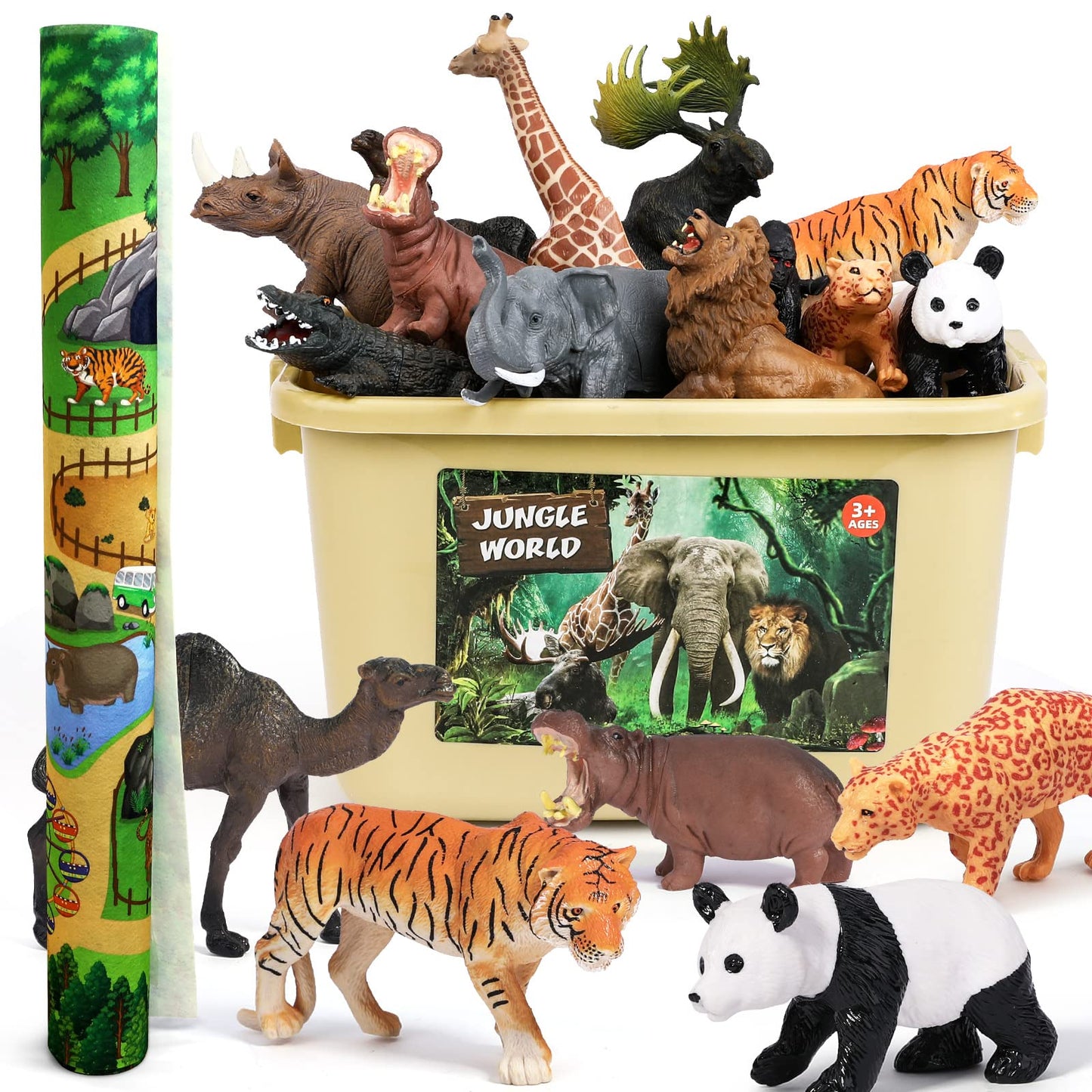 FRUSE Safari Animals Figures Toys with 145x98cm Jumbo Play Mat,12PCS Jungle Zoo Animals Playset with Lion,Elephant,Educational Learning Toys for Kids