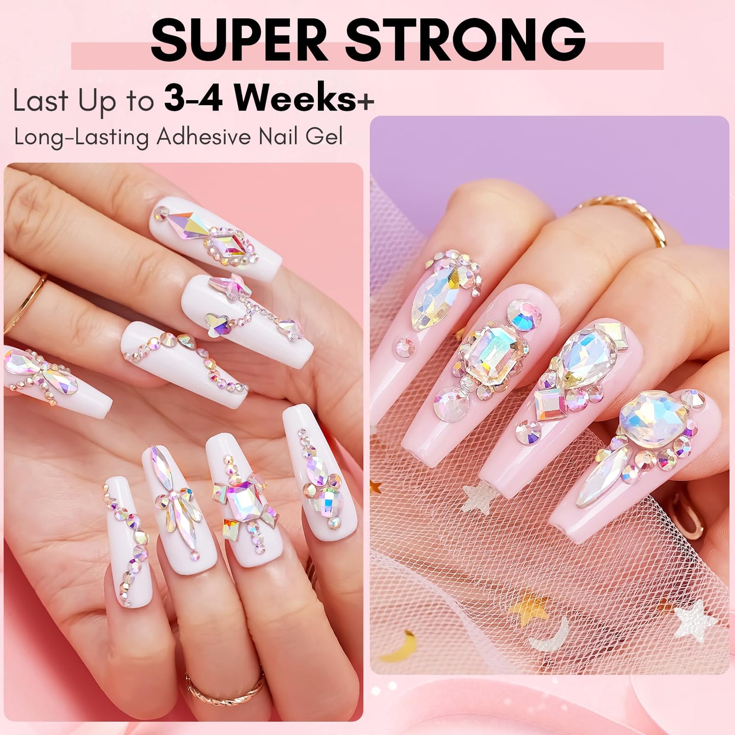 Makartt Nail Rhinestone Glue Set - Gel Nail Glue for Rhinestones, 3D Art Design Super Strong Adhesive for Charm Gems Jewel Crystal Beads Diamonds, 15ml & 8ml, Easy Use, Cured Need