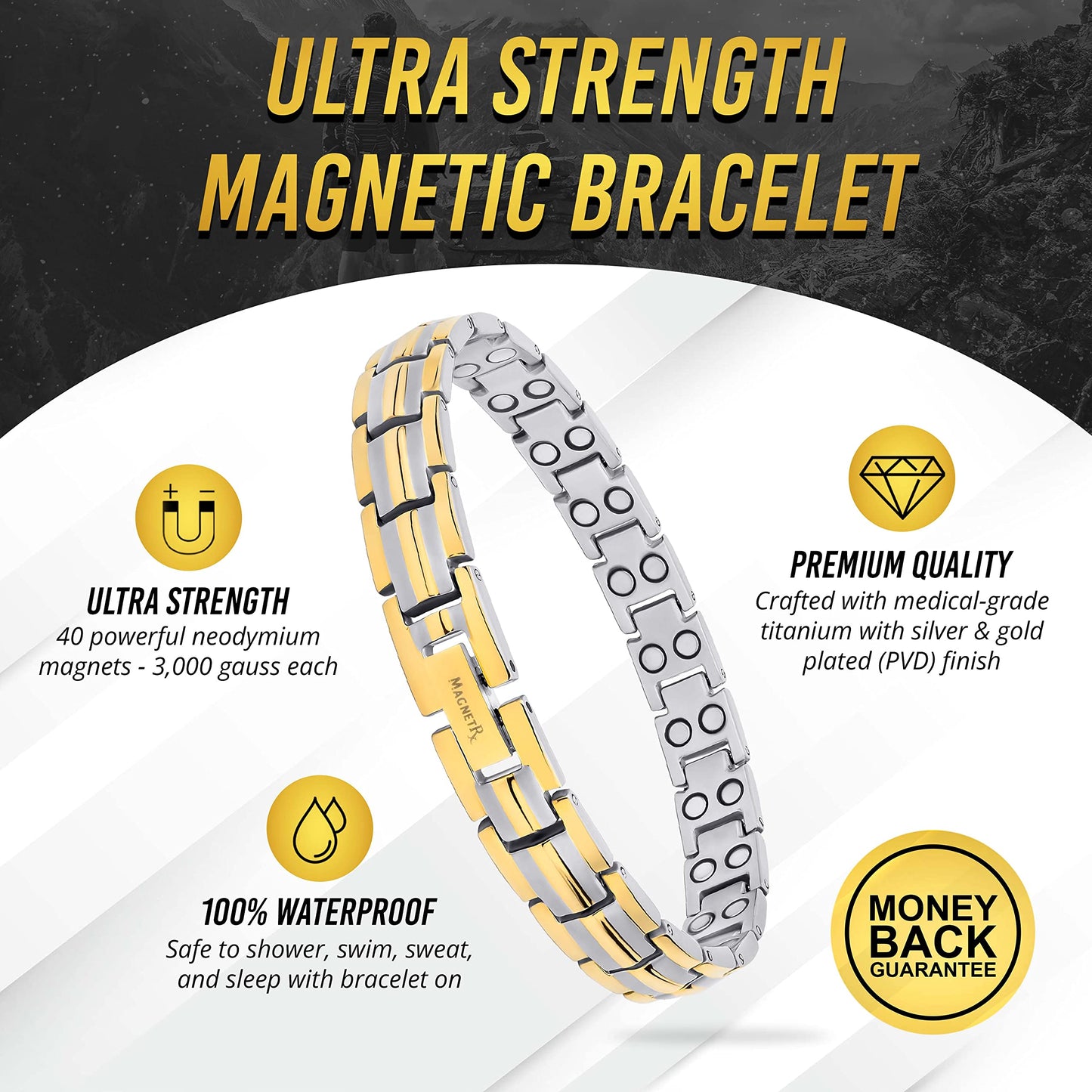MagnetRX® Women's Ultra Strength Magnetic Bracelet - Effective Titanium Magnetic Bracelets for Women - Adjustable Bracelet Length with Sizing Tool for Perfect Fit (Silver & Gold)