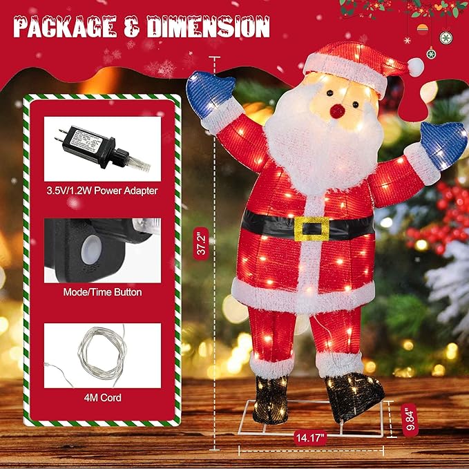 Shintenchi 3ft Lighted Christmas Santa Claus, Outdoor Pop-up Holiday Decoration with 80 LED Lights, 3D Pre-Lit Light-Up Decor for Yard, Garden, Lawn & Patio