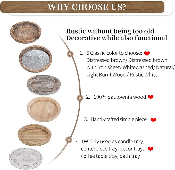 Hanobe Rustic Wooden Serving Tray: Round Wood Decorative Tray Rustic Centerpiece Candle Holder Trays Farmhouse Ottoman Tray for Decor Kitchen Counter Home Decor for Coffee Table
