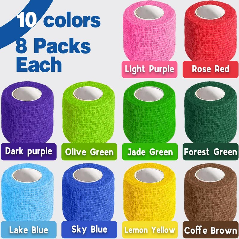 AZEN 80 Pack Self Adhesive Bandage Wrap, 2" X 5 Yards Elastic Cohesive Bandage Wrap, Color Athletic Tape, Vet Wrap, Ankle Tape, Tattoo Grip Tape Wrap
