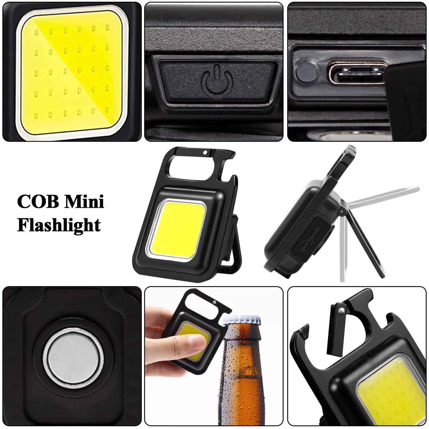 Small Flashlight, 1000Lumens Bright Rechargeable Keychain Flashlights, COB Mini Flashlight with 3 Light Modes, Portable Pocket Light with Folding Bracket, Bottle Opener and Magnet Base for Walking