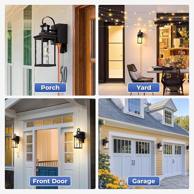 Oil-Rubbed Bronze Motion Sensor Exterior Lighting Fixtures for House with GFCI Outlet, Farmhouse Outdoor Porch Lights Wall Mount with Tempered Water-Ripple Glass, Outside Sconces for Garage