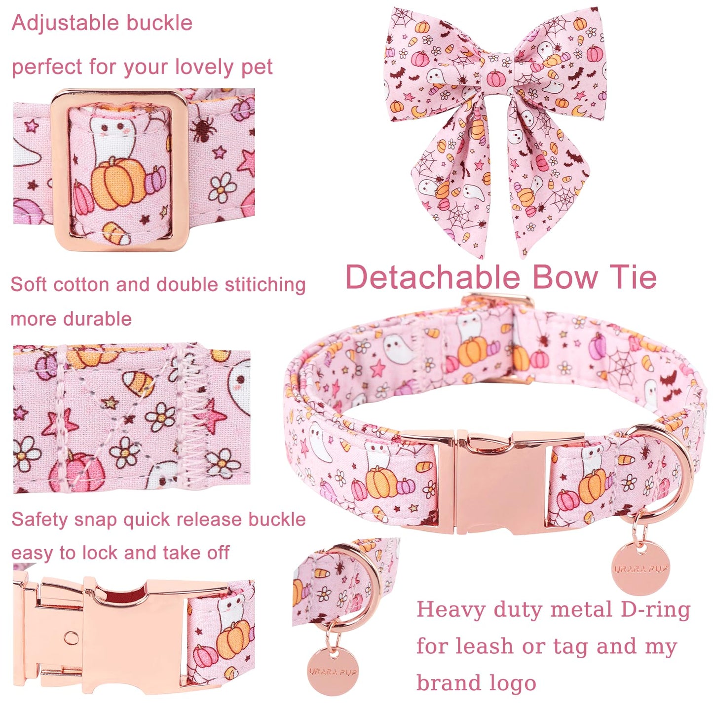 UP URARA PUP Halloween Dog Collar with Flower, Pink Halloween Puppy Flower Collar with Adjustable Metal Buckle,Fancy Halloween Dog Collar Bowtie Gift for Girl Boy Dog,M