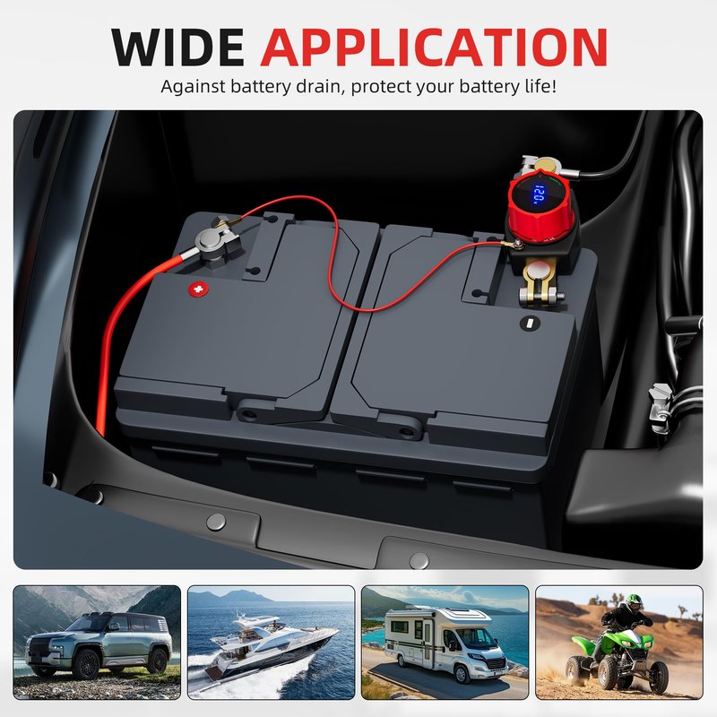 Joinfworld Top Post Battery Disconnect Switch 12V-48V with Led Voltmeter, DC 5-60V Battery Kill Switch Negative On/Off Battery Cut Off Switch for Marine, Cars, Vehicles, RVs and Boats