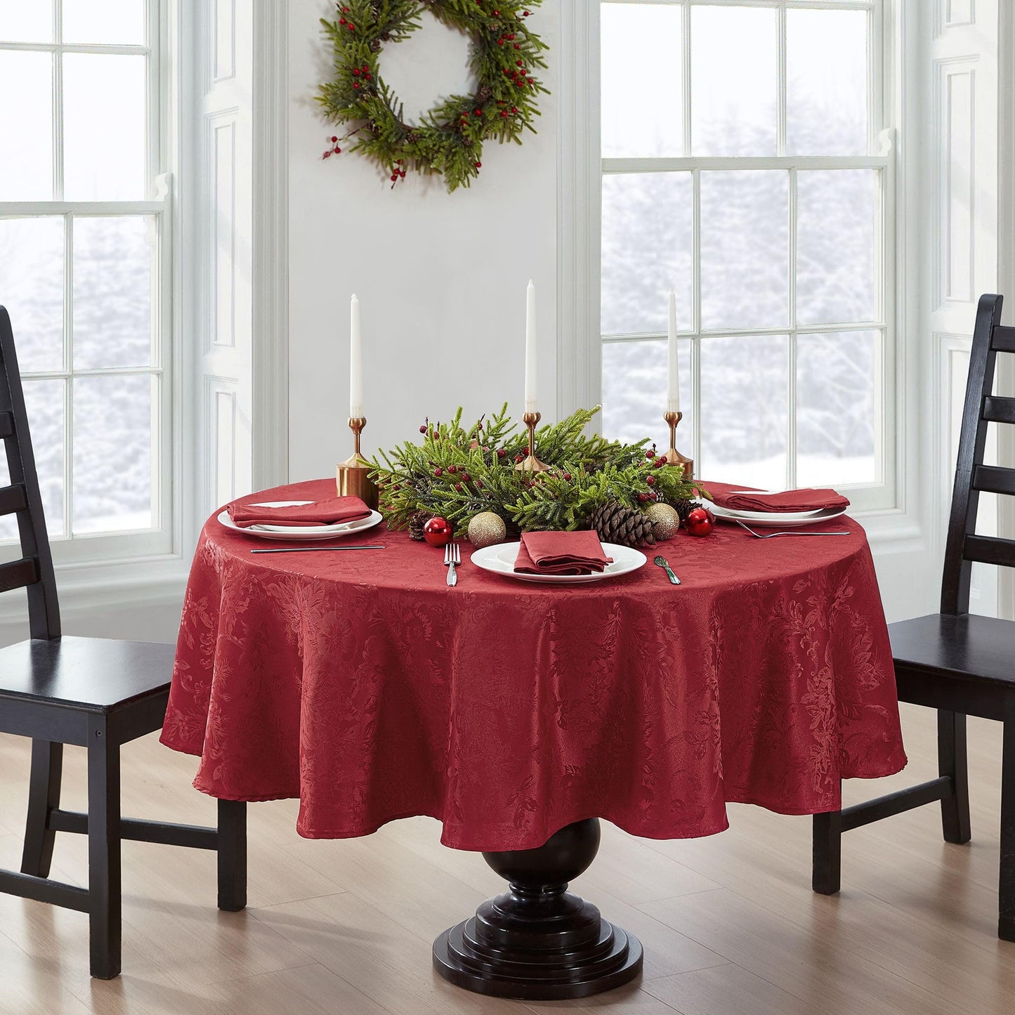 Elrene Home Fashions Poinsettia Elegance Jacquard Christmas/Holiday Wrinkle Resistant Dining Tablecloth, 90"X90" Round, Red