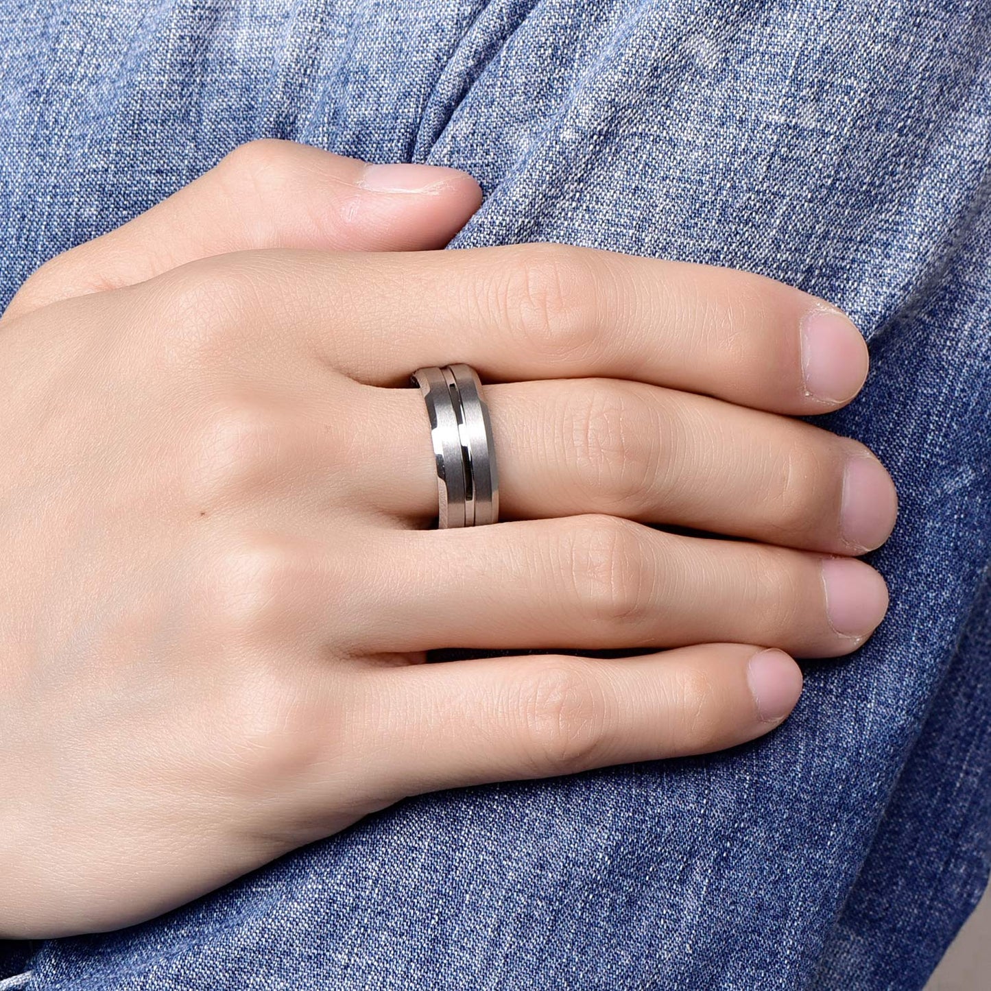NUNCAD Men's Rings Silver 8mm Tungsten Wedding Ring for Men Simple Band Ring with Center Groove Beveled Edges Size U1/2