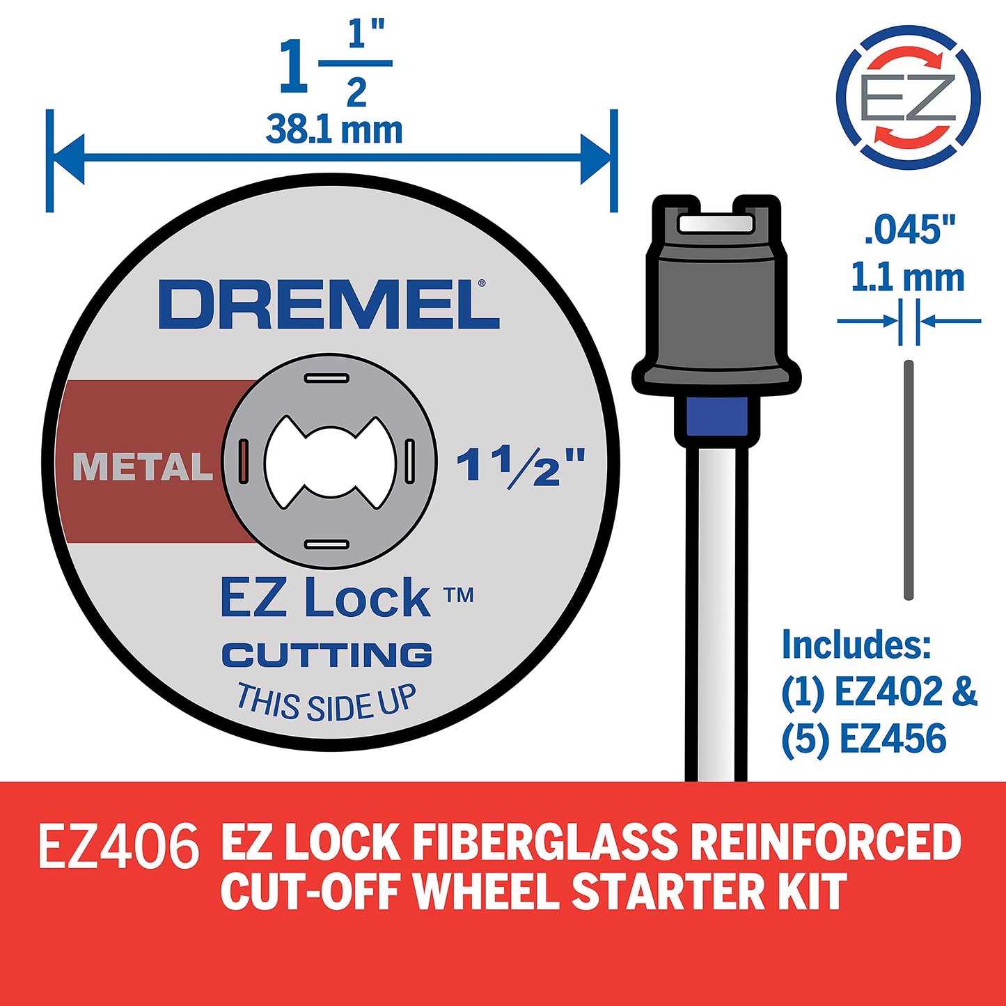 Dremel EZ406-02, EZ - Lock Starter Kit, 1 1/2-Inch (38.1 mm) Wheel Diameter, 5 Piece Fiberglass Reinforced Cut-Off Wheels and EZ402 Mandrel Included, Rotary Tool Cutting Disc Accessories