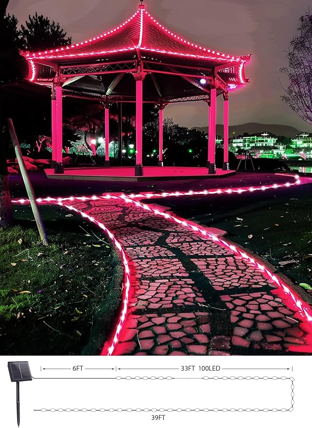 Brightown Outdoor Solar Christmas Lights, 39FT 200LED Solar Rope Light Waterproof Outdoor Christmas Decorations for Party Garden Yard Home Xmas Halloween Holiday Tree Decoration Light, Candy Color