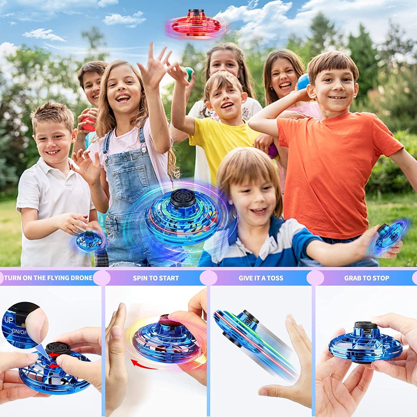 Flying Spinner Mini UFO Drone, Ifly Fly Fidget Spinner, iFly Hand Controlled Boomerang Drone Cool Stuff Toys Gifts for 8 9 10+ Year Old Boys Girls Teens Indoor Outdoor (Blue)