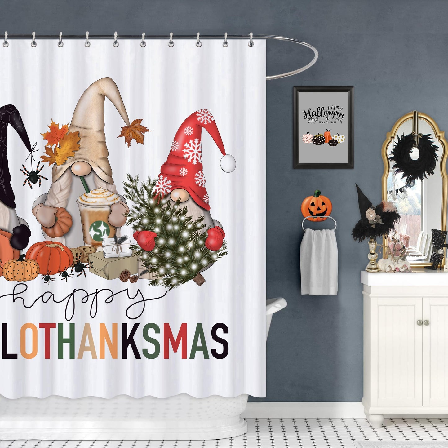 Halloween Hallothanksmas Gnome Shower Curtains for Bathroom, Waterproof Fall Autumn Thanksgiving Christmas Shower Curtain Set with 12 Hooks, 72x72