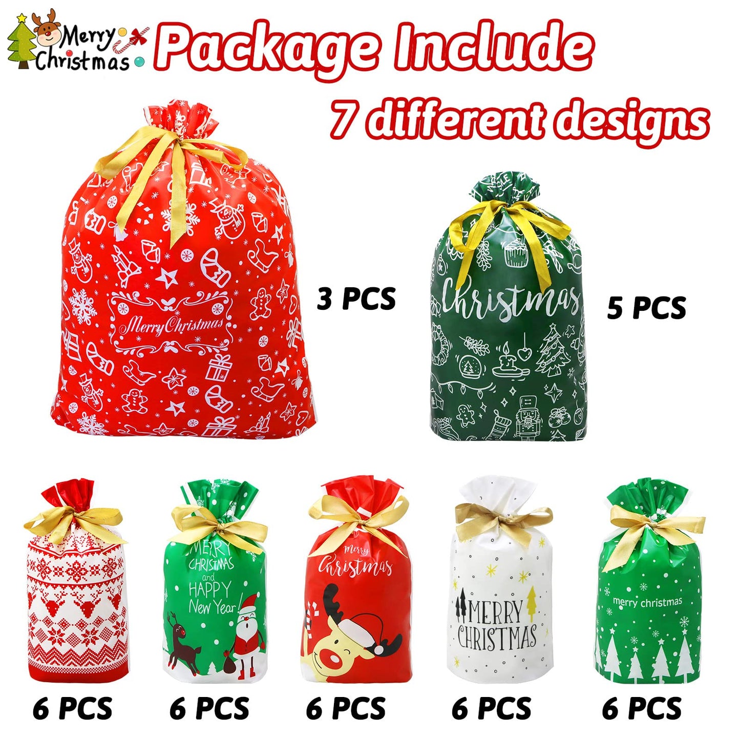 ZMCINER 38 PCS Christmas Drawstring Gift Bags Assorted Sizes Christmas Bags Drawstring for Gifts for Xmas Holiday Presents Party Favor