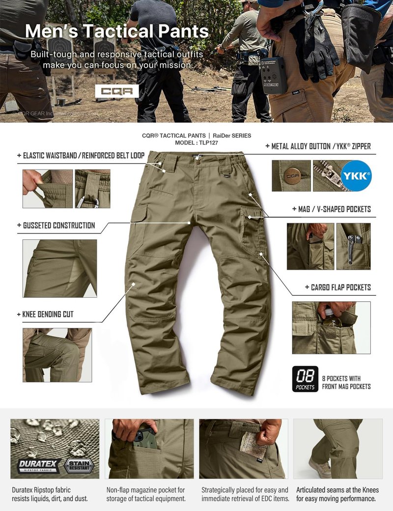 CQR Men's Tactical Pants, Water Resistant Ripstop Cargo Pants, Lightweight EDC Work Hiking Pants, Outdoor Apparel, Raider Mag Pocket Soil Green, 36W x 32L