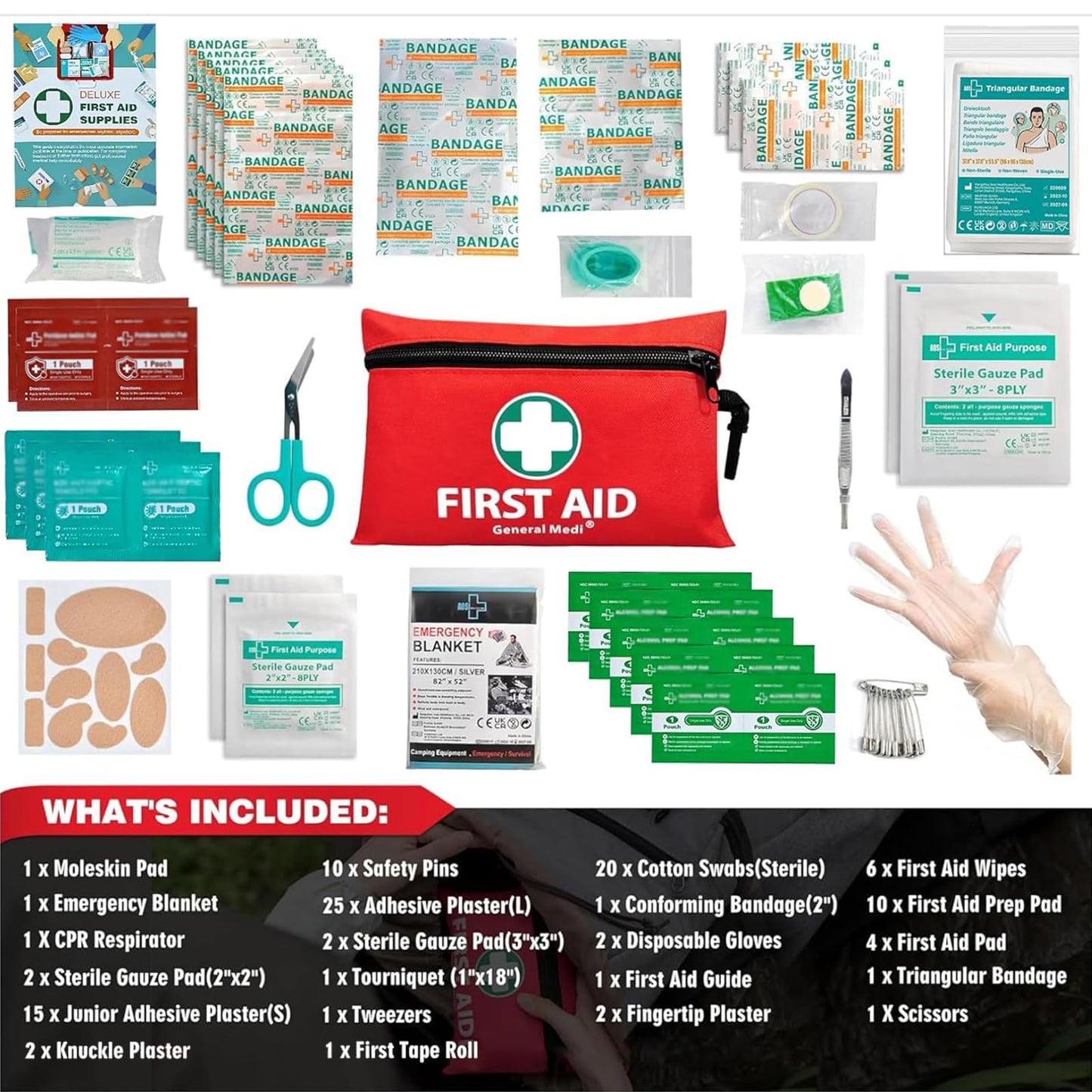 General Medi Mini First Aid Kit, 110 Piece Small First Aid Kit - Includes Emergency Foil Blanket, Scissors for Travel, Home, Office, Vehicle, Camping, Workplace & Outdoor (Red)