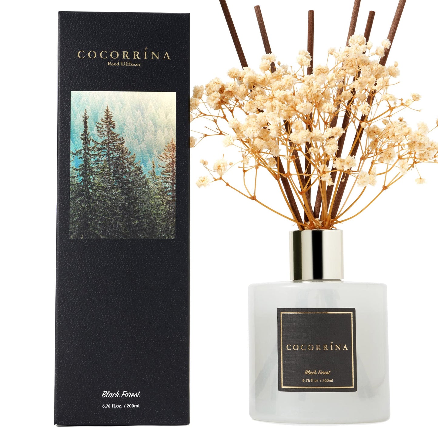 Cocorrína Reed Diffuser Sets, 6.7 fl oz. Black Forest Diffuser with Sticks Home Fragrance Reed Diffuser for Bathroom Shelf Decor