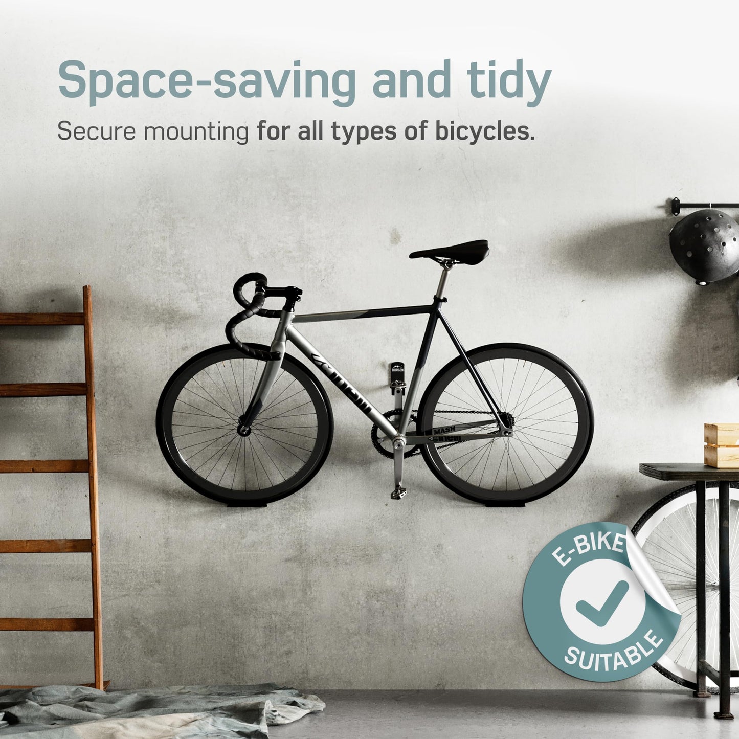Borgen Bike Wall Mount - Bike Wall Rack Pedal for E-Bike, MTB or Road Bike with Support Bracket and Wall Protection Pads