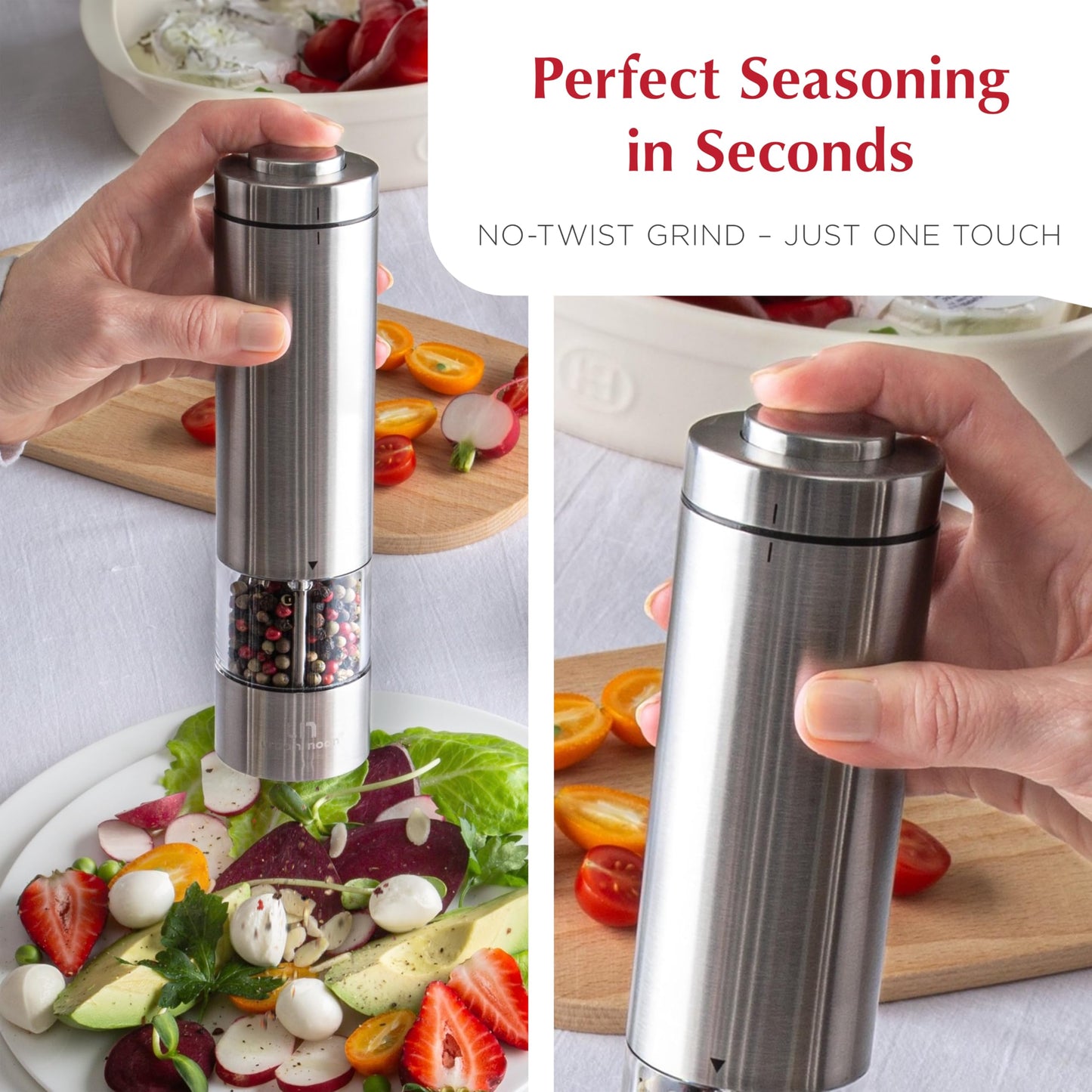 Electric Salt and Pepper Grinder Set - Battery Operated Stainless Steel Mill with Light (2 Mills) - Automatic One Handed Operation - Electronic Adjustable Shakers - Ceramic Grinders