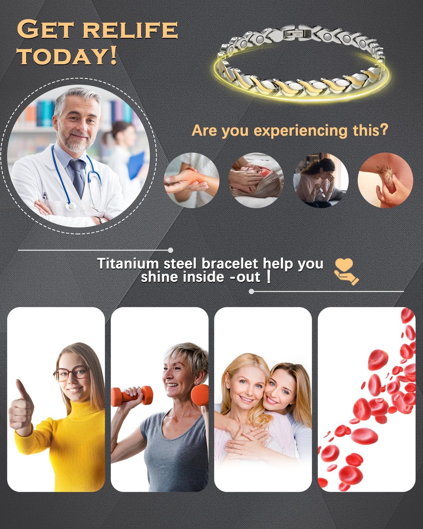Jeracol Magnetic Bracelets for Women,Titanium Steel Ladies Magnetic Bracelets,Adjustable Wristband include sizing tool in Gift Box(Fish Tail Design-Silver Gold)