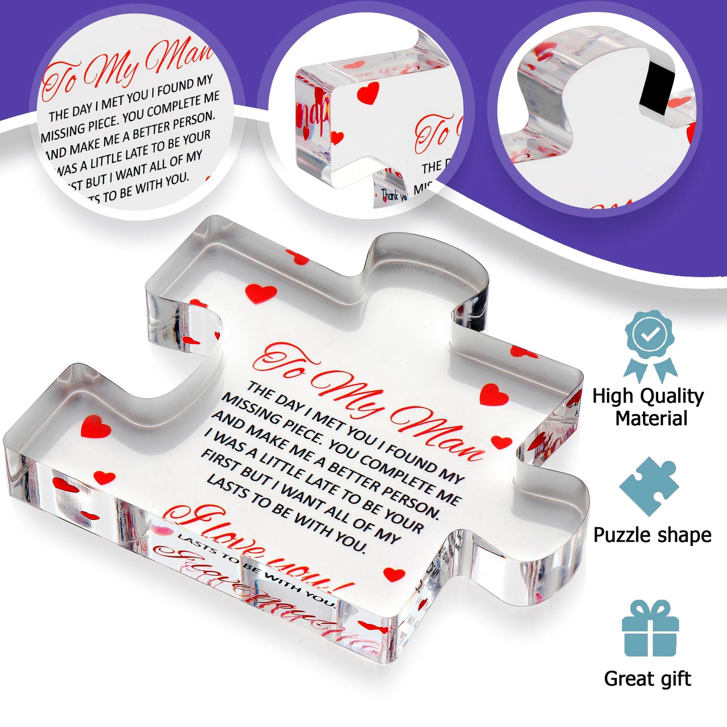 to My Man - Engraved Acrylic Block Puzzle 4.1 x 3.5 inch Gifts for Him for Husband - Fiance Birthday Gifts, Valentines Day Gift for Boyfriend - Cool Wedding Couple