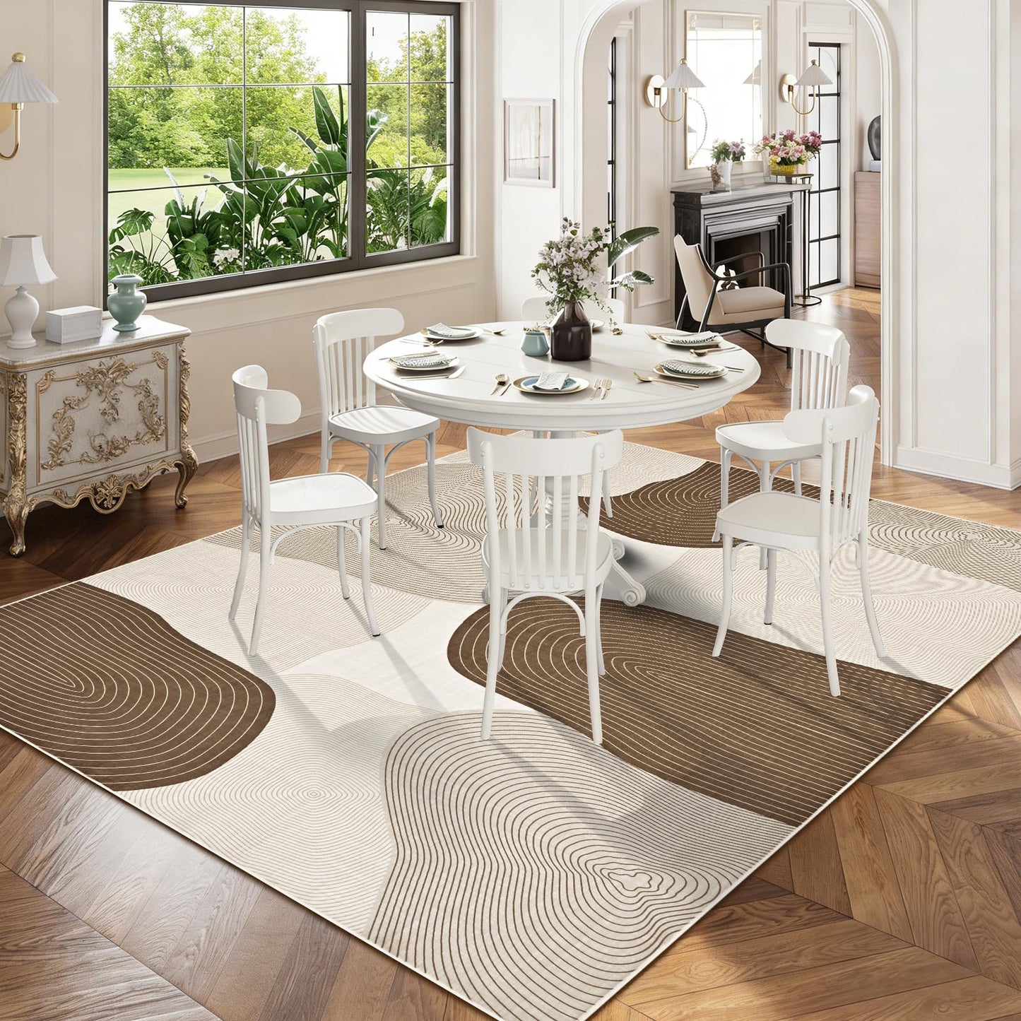 Yinhua Abstract Area Rug 5x7, Brown Living Room Rug Washable Modern Rugs Non Slip, Soft Area Rugs Low Pile, Faux Wool Carpet for Bedroom, Dining Room, Brown