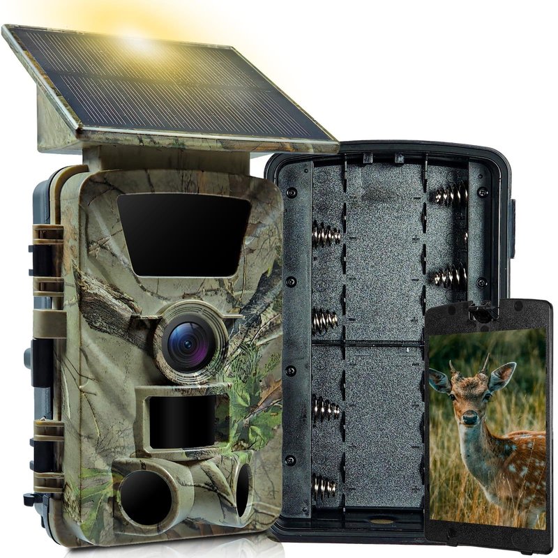 Solar Trail Camera, 5K WiFi Game Camera, 5200mAh Forever Power, 64GB SD Card, IP66 Waterproof,120° Wide Angle Night Vision for Outdoor Detection, Monitoring Trail Cameras, H.264 MP4 Video -5K