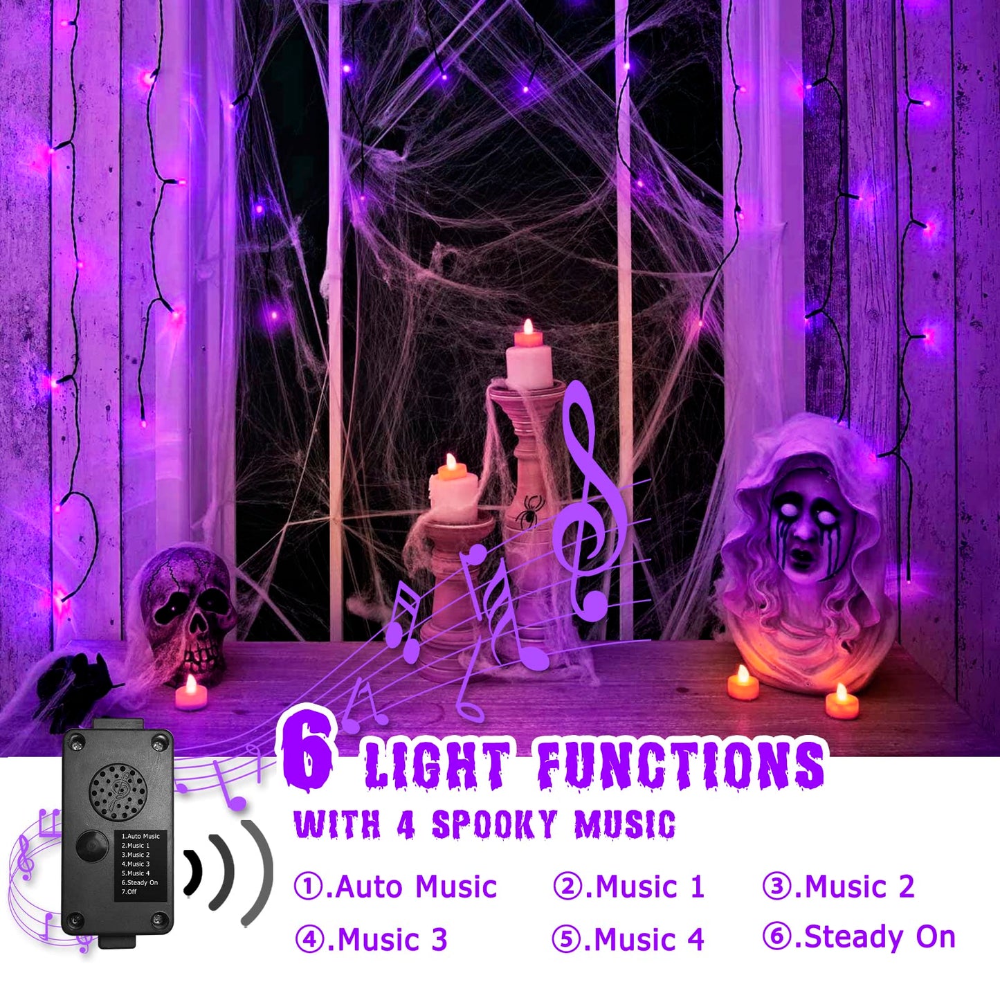 PEIDUO Halloween Decorations Outdoor, 82 FT 200 LED Purple String Lights, Motion Sensor Controller Sync with Spooky Music, Twinkle Fairy Lights for Outside Indoor Party Bedroom Halloween Decor