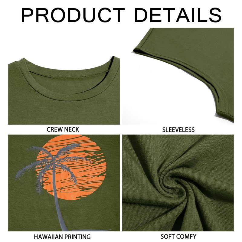 Runcati Mens Sleeveless Tank Tops Workout Gym Muscle Shirts Palm Tree Vintage Hawaiian Summer Beach T Shirts Army Green