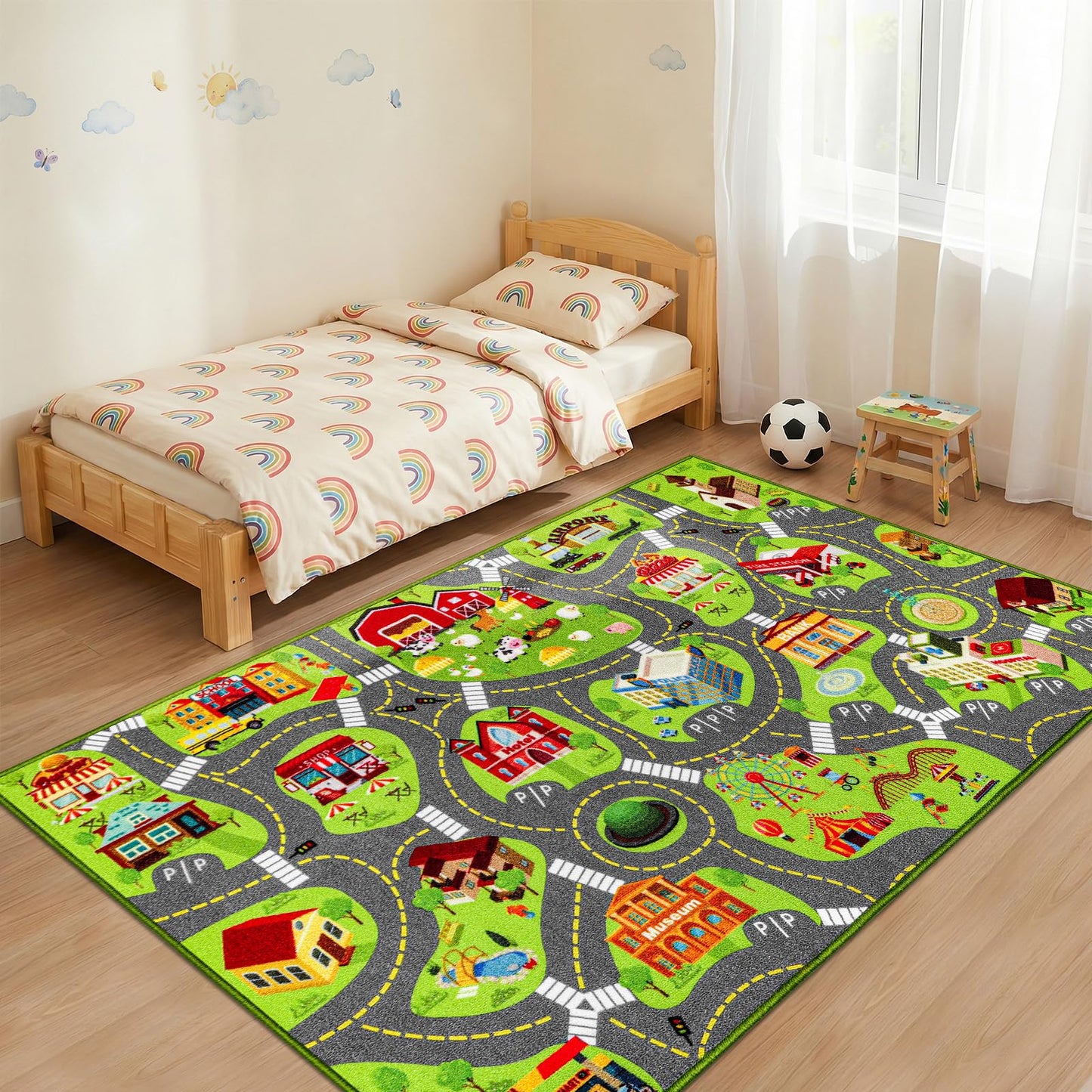 Kids Rug for Playroom, 60"X36" Car Rug Play Mat, Town City Road Map for Boys to Play with Cars Trucks, Non-Slip Car Carpet for Classroom Nursery Bedroom, Machine Washable (City Map, 60"X36")