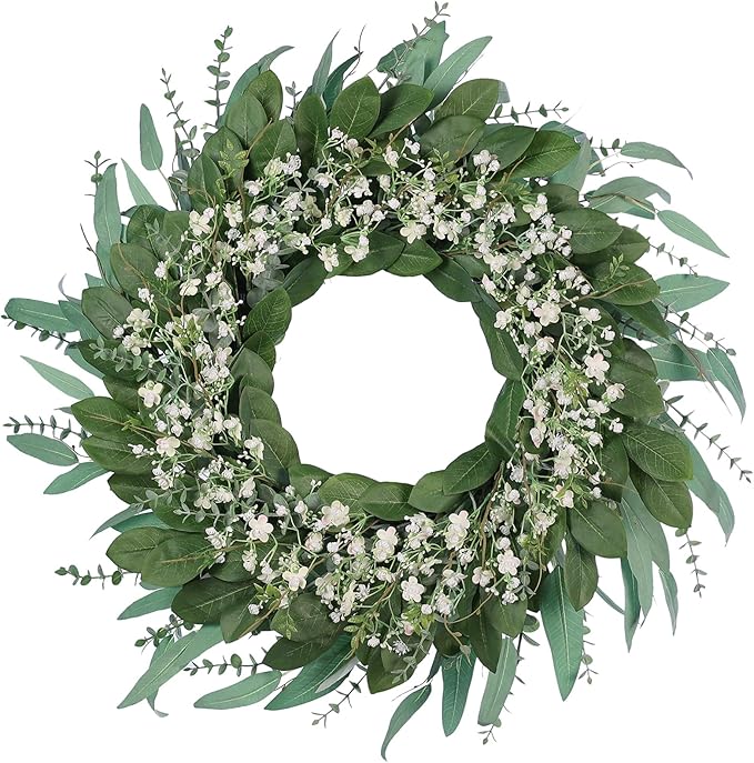 26'' Eucalyptus and Babys Breath Flowers Wreath for Front Door - Large Artificial Greenery Outdoor Wreath for Porch,Window,Farmhouse,Home,Hanging Decor- Spring, Summer, All Seasons (Green-White)