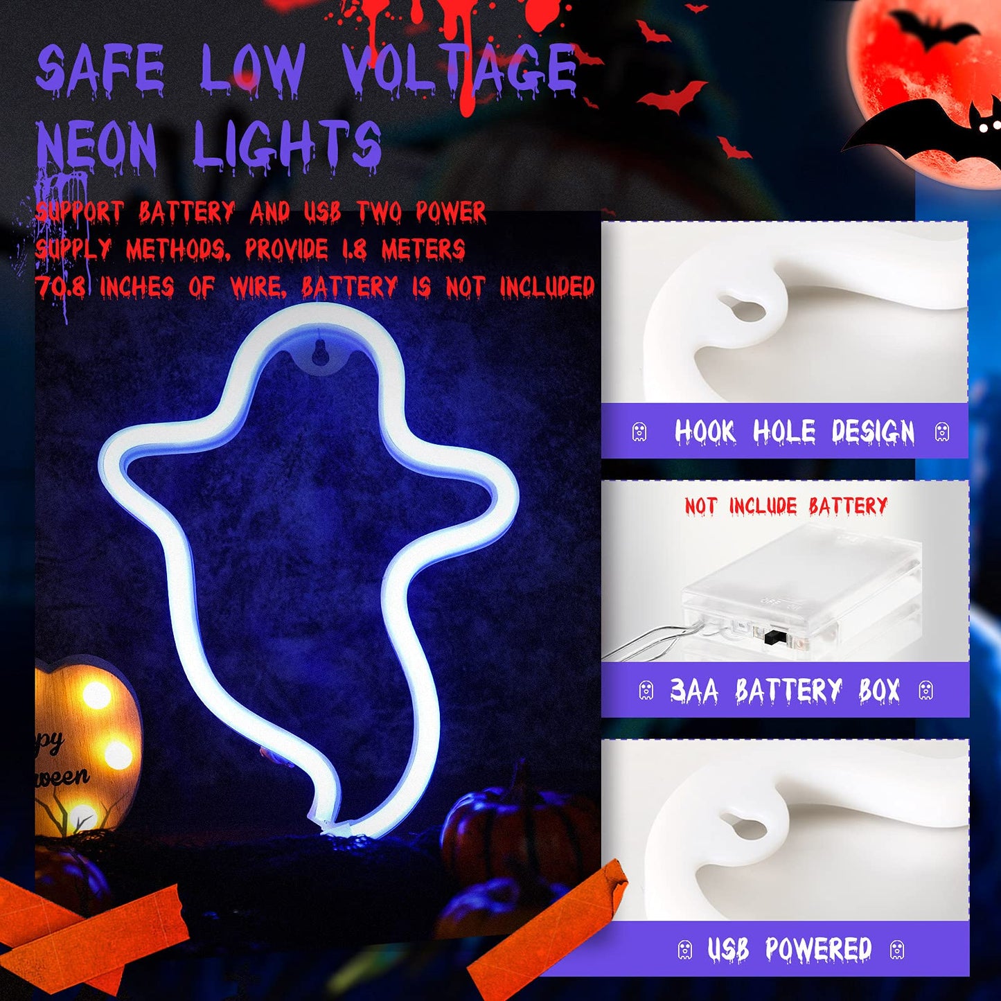 Neon Ghost Sign LED Neon Light Halloween Decoration Ghost Indoor Night Light with Battery or USB Power for Bedroom Birthday Party Wedding Blue