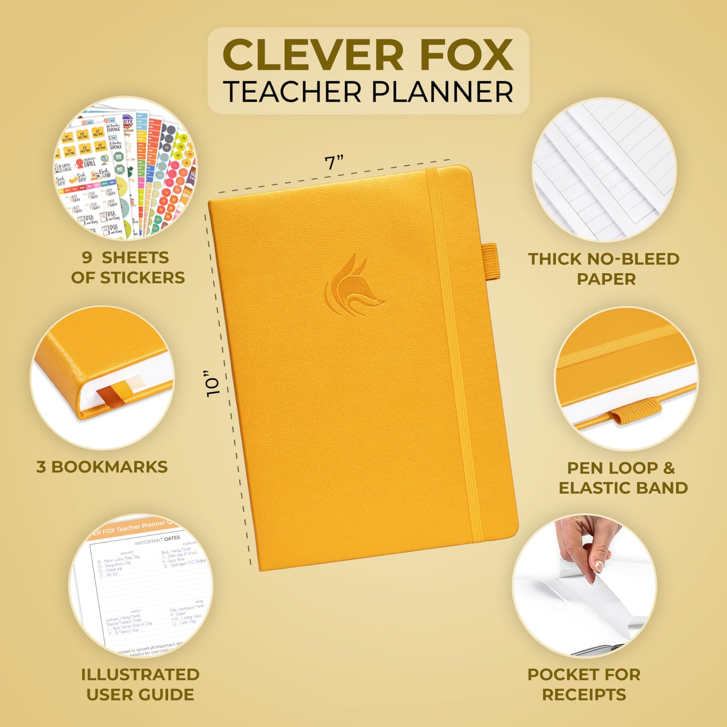 Clever Fox Teacher Planner – School Year Planner with Calendars & Lesson Plans – Teacher Plan Book for Classroom & Homeschool Organization - Undated, 18x25cm, Hardcover (Amber Yellow)
