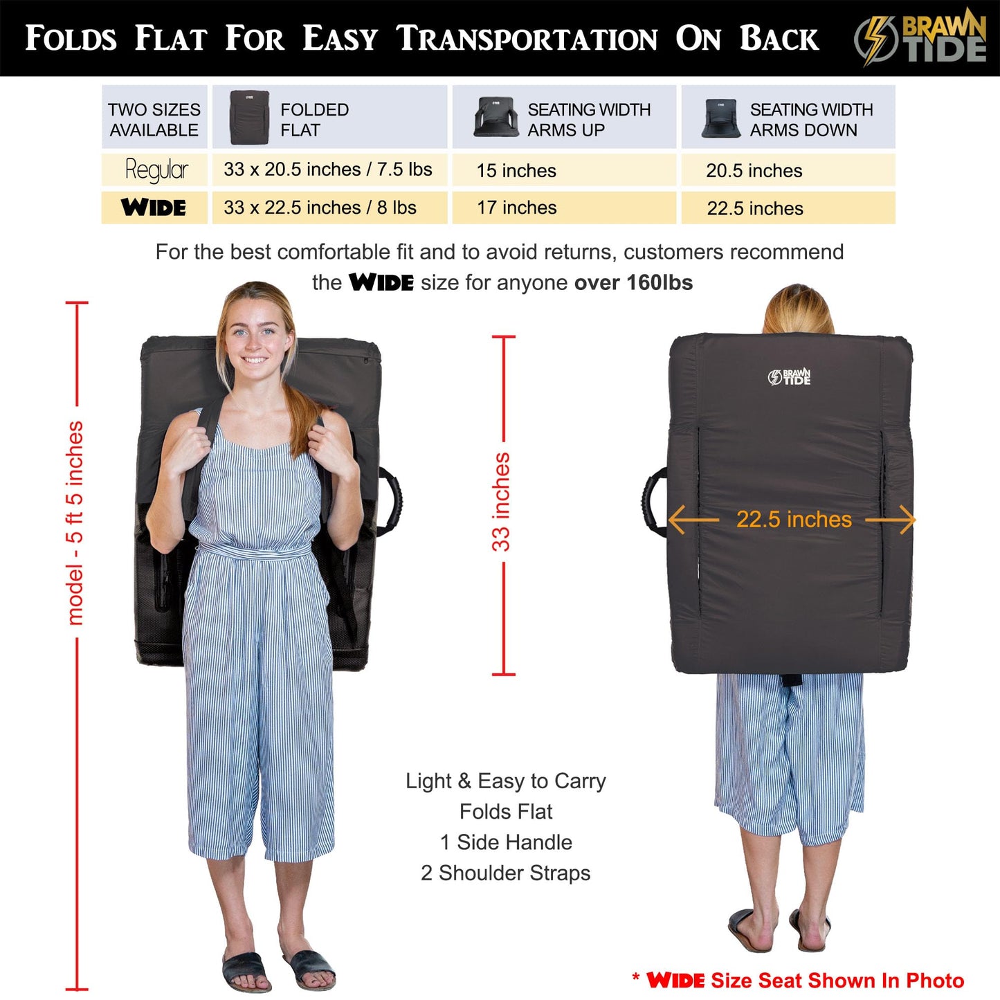 BRAWNTIDE Stadium Seat with Back Support - Comfy Cushion, Thick Padding, 2 Bleacher Hooks, 4 Pockets, Ideal Stadium Chair for Bleachers, Sporting Events, Camping, Beaches (Black, Regular Size)