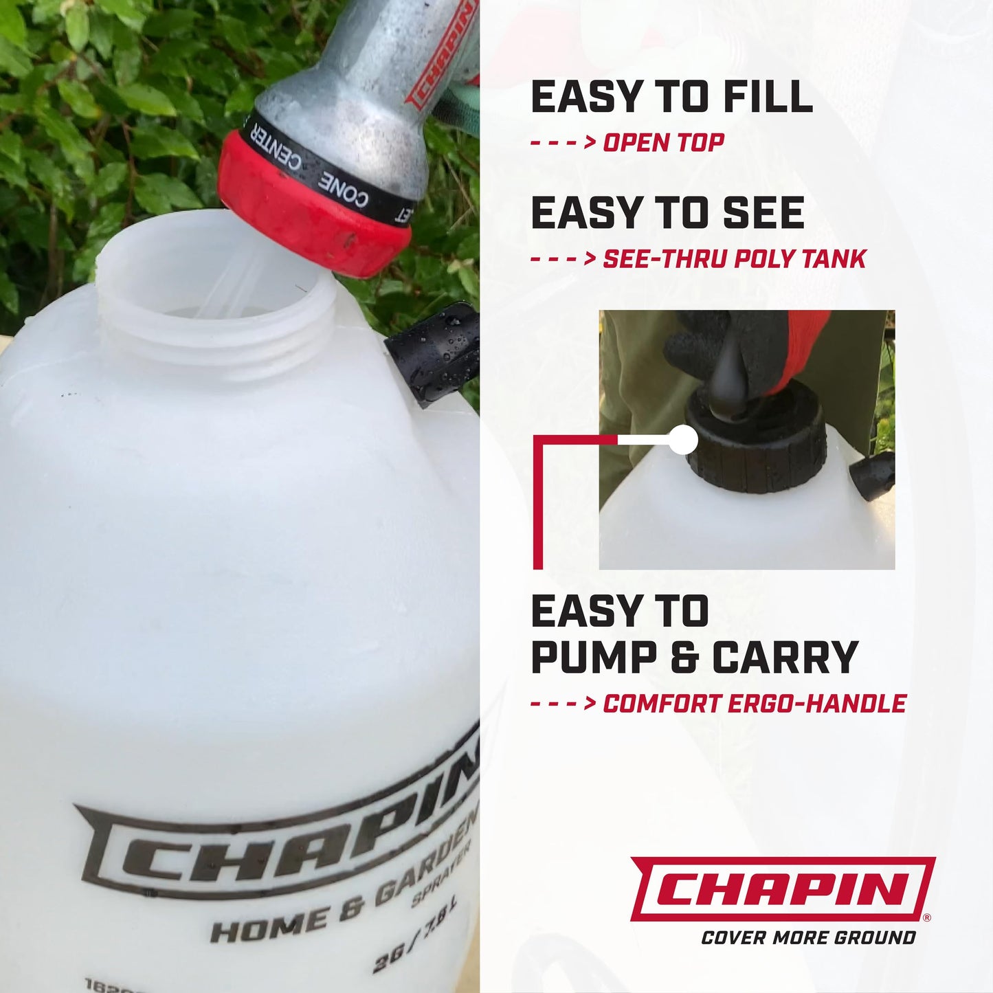 Chapin 16200 2-Gallon Made in USA Garden Pump Sprayer with Ergonomic Handle, Trigger Shut Off, Adjustable Cone Nozzle and in-Tank Filter, for Spraying Weeds, Insects, Fertilizers, Translucent White