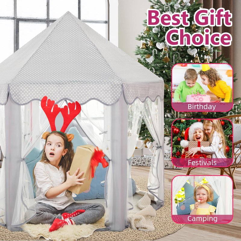 Monobeach Princess Tent Girls Large Playhouse Kids Castle Play Tent with Star Lights Gift Toy for Children Indoor and Outdoor Games, 55'' x 53'' (DxH) (Grey)