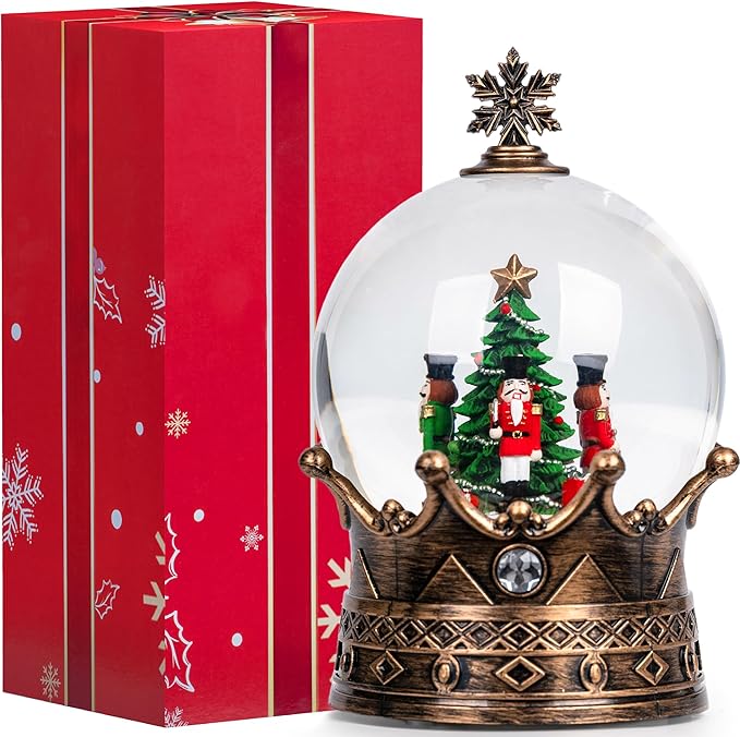 Christmas Snow Globe Lantern Water Glittering Nutcracker Crown with Music, USB Lined/Battery Operated Lighted Lantern for Christmas Festival Decoration Gifts