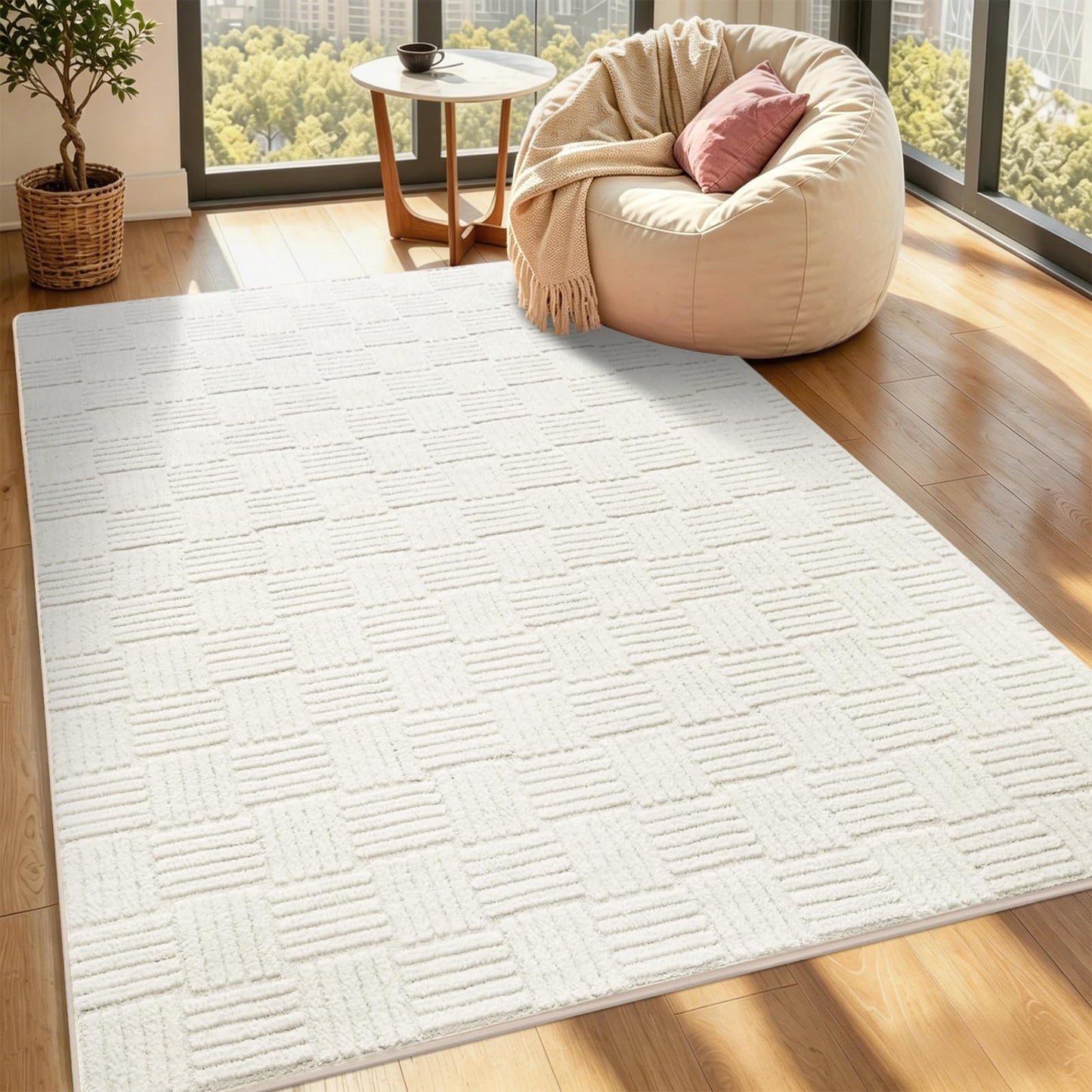 5x7 White Washable Shag Area Rug for Girls Bedroom, Modern Geometric Non Slip Living Room Rugs, Fluffy Soft Thick Carpet for Kids Room, Dorm, Office, and Home Decor