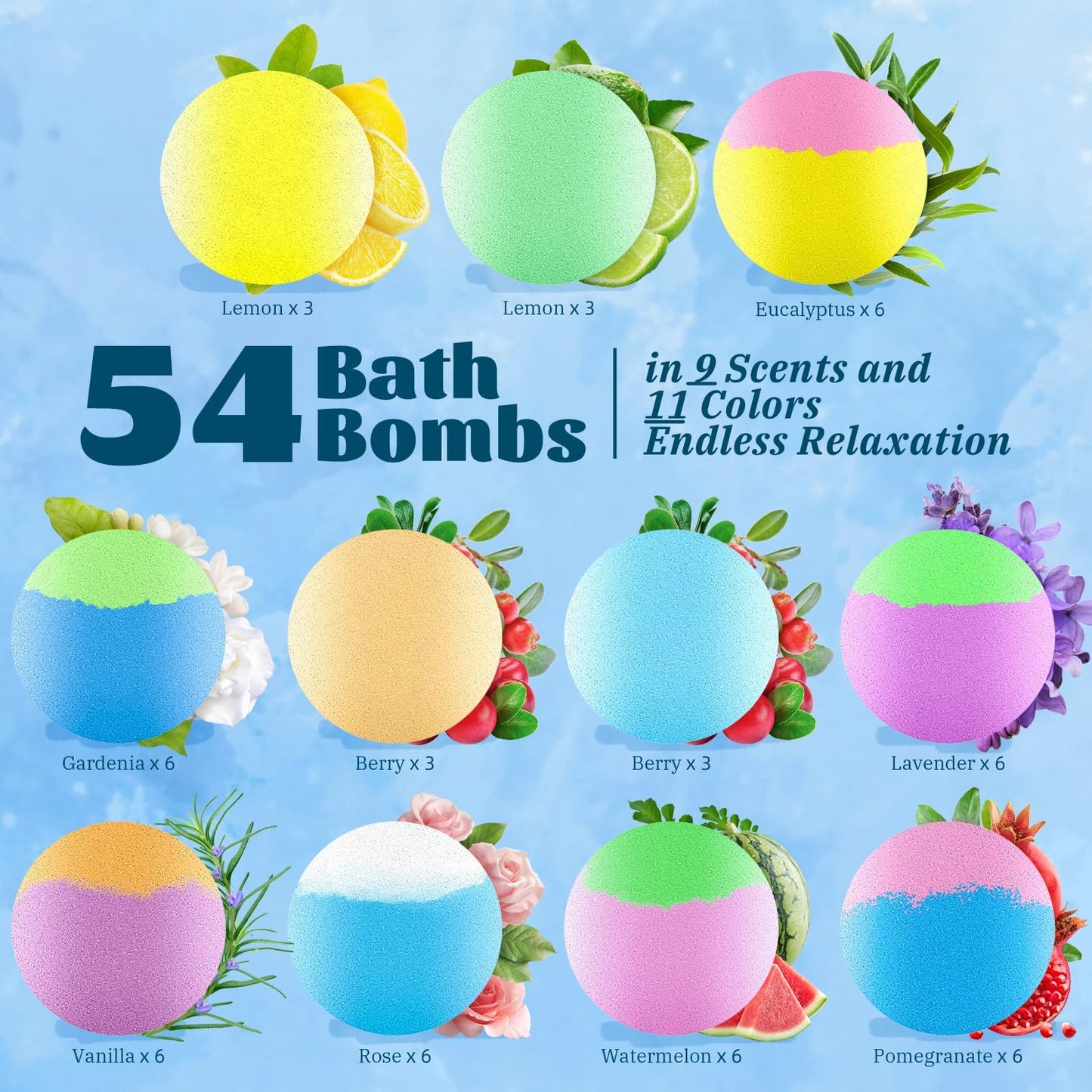 54 Pack Handmade Bath Bombs – 11 Vibrant Colors & 9 Unique Scents, Long-Lasting Fizzy Bubbles & Colorful Magic, 7-Minute Dissolve for Relaxation, Perfect for Birthdays & Summer Self-Care